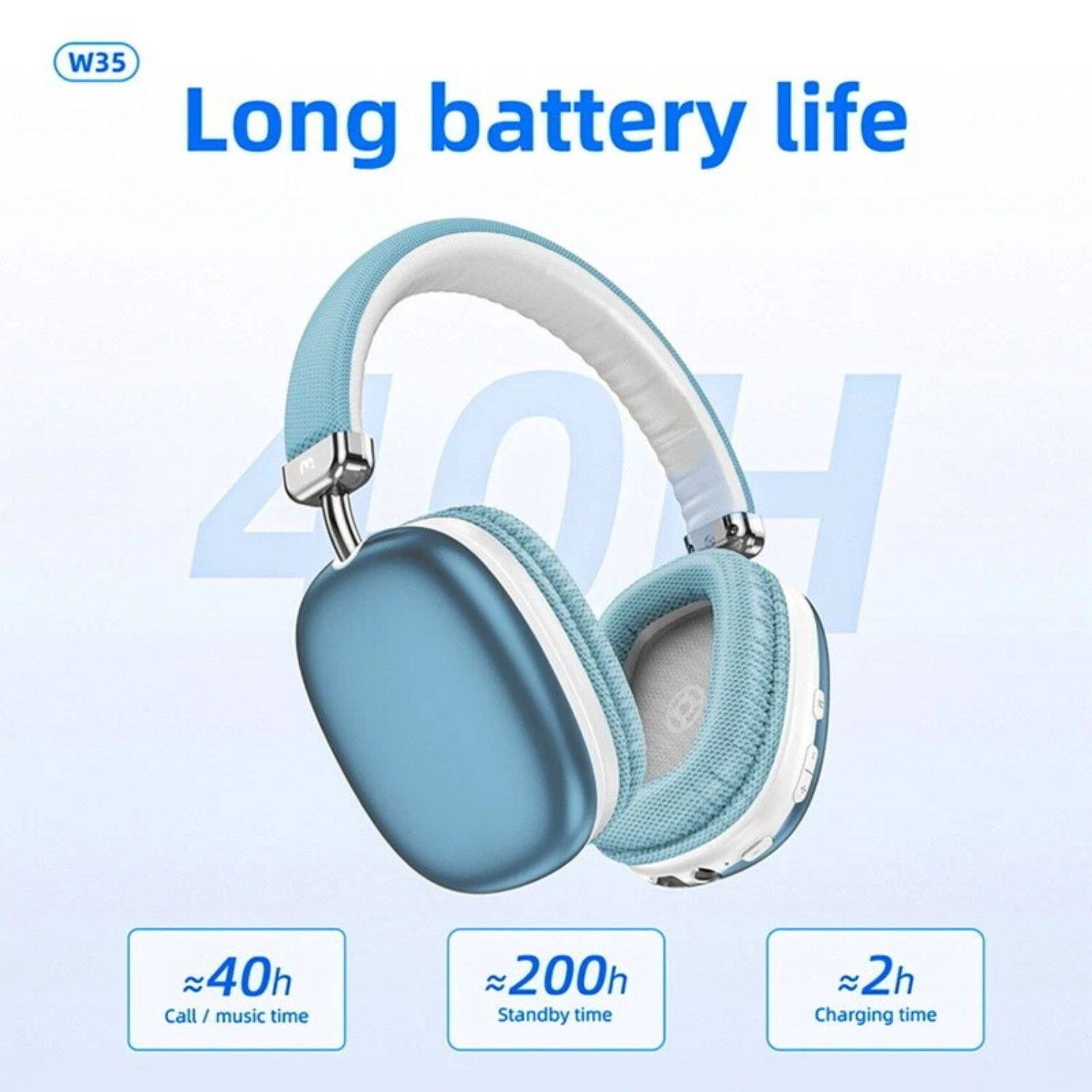 W35  
Long battery life  

- Call / music time: ~40h  
- Standby time: ~200h  
- Charging time: ~2h