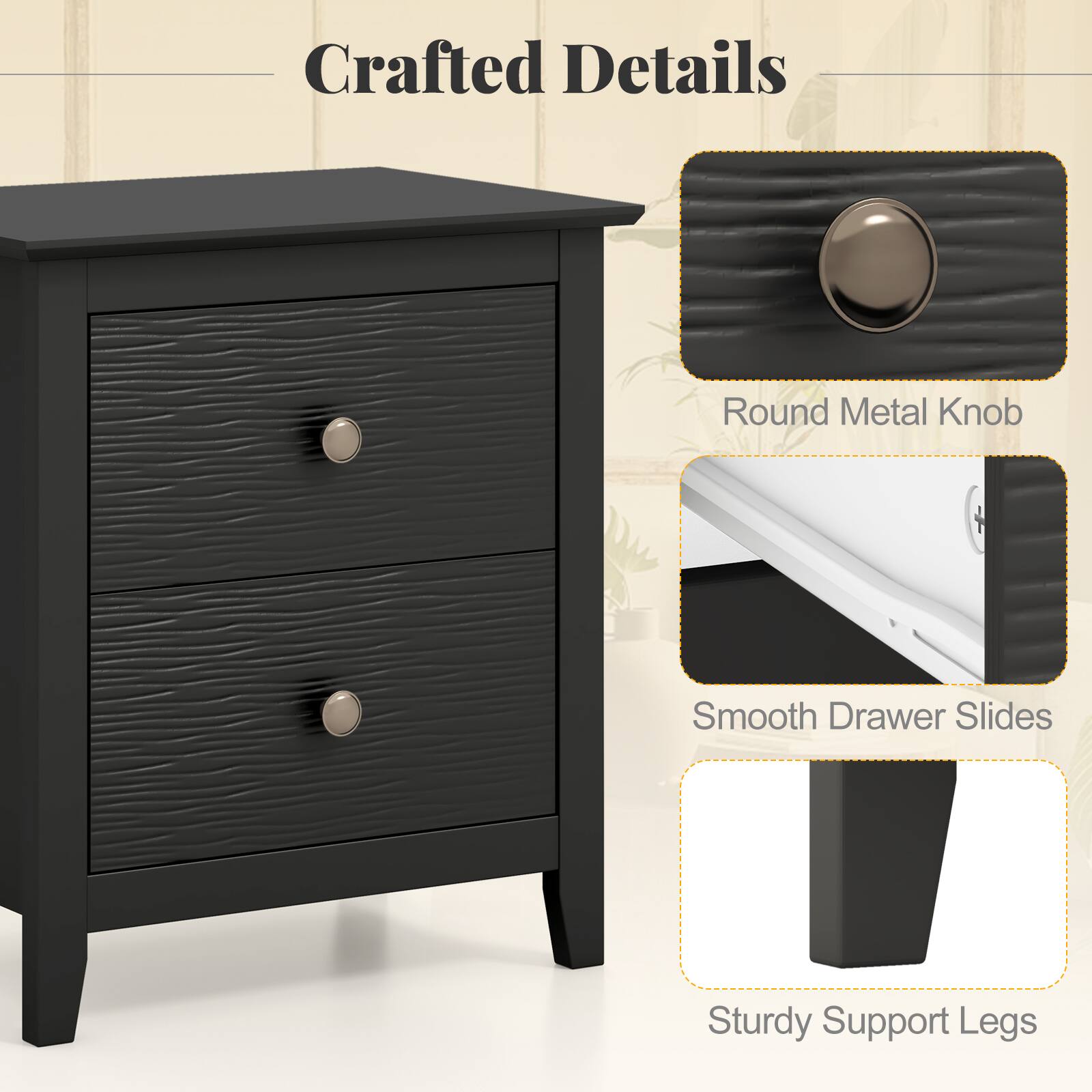 Crafted Details: Round Metal Knob, Smooth Drawer Slides, Sturdy Support Legs.