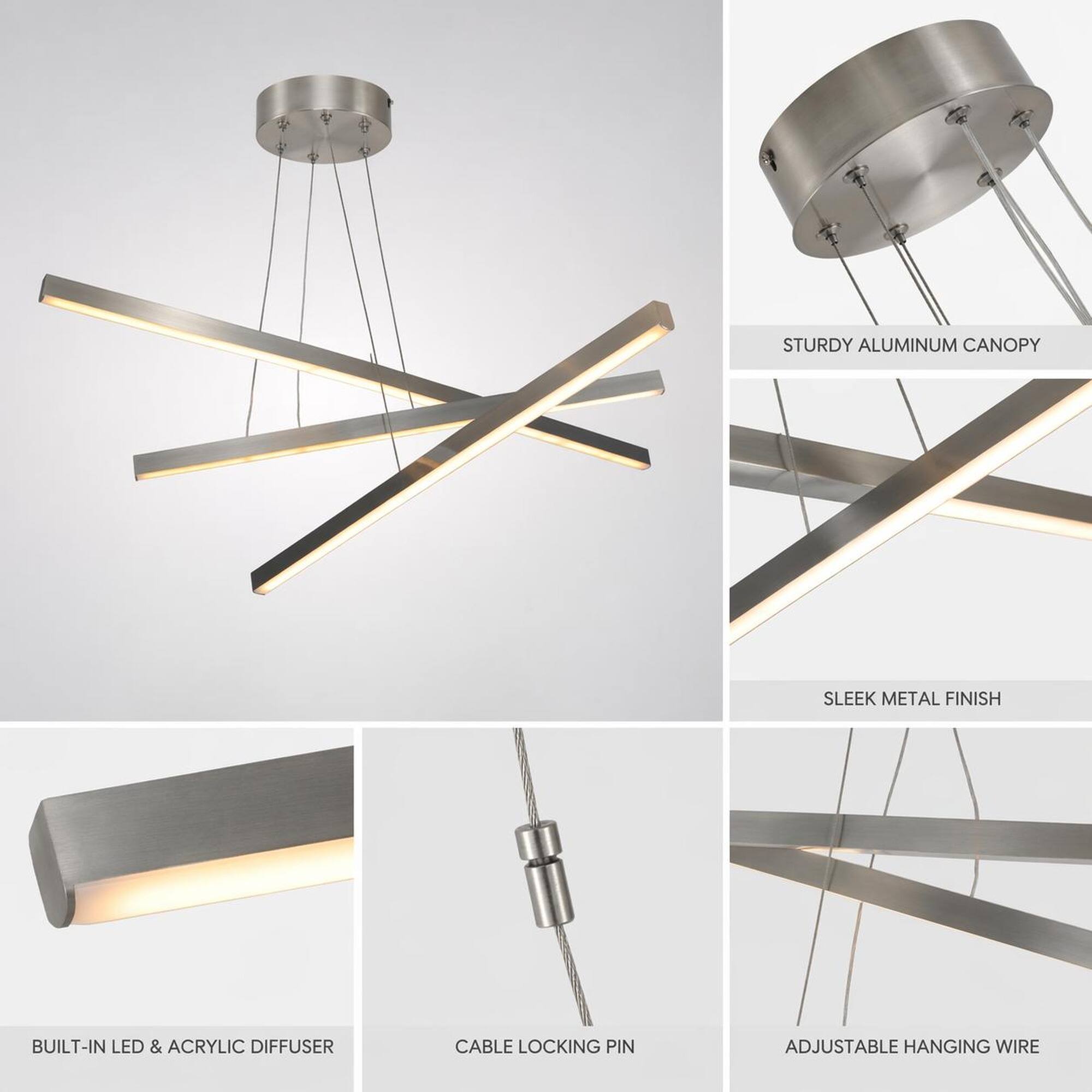 - STURDY ALUMINUM CANOPY
- SLEEK METAL FINISH
- BUILT-IN LED & ACRYLIC DIFFUSER
- CABLE LOCKING PIN
- ADJUSTABLE HANGING WIRE