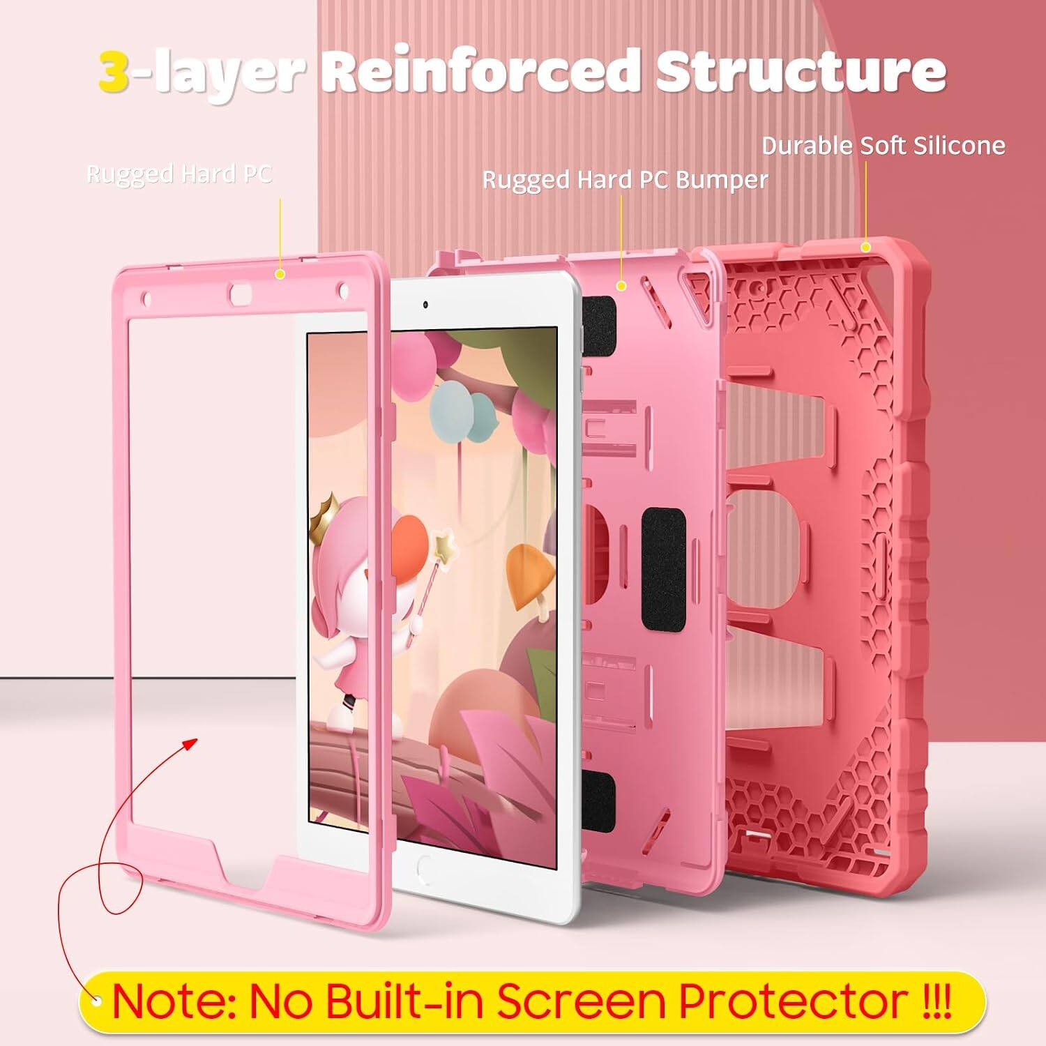 3-layer Reinforced Structure  
Durable Soft Silicone  
Rugged Hard PC Bumper  

Note: No Built-in Screen Protector !!!