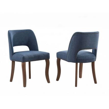 Front. GOODSILO - Modern Fabric Upholstered Dining Chairs Set of Two with Curved Backrest and Solid Wood Legs - Blue.