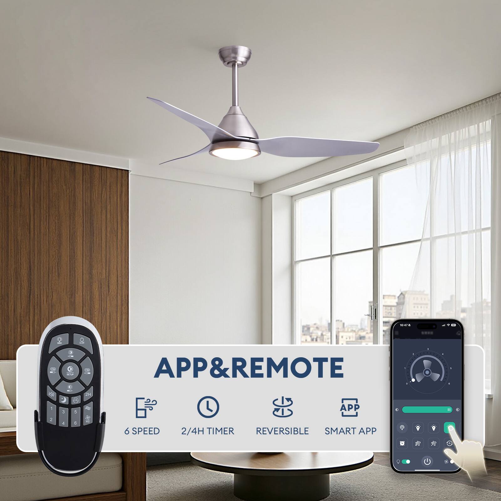 10:47a

APP&REMOTE
APP
2
4
5
6 SPEED
2/4H TIMER REVERSIBLE SMART APP