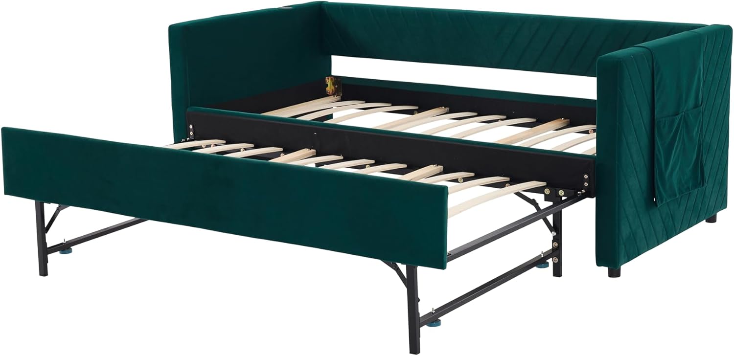 Alt View 3. Trinkets Crazed - Twin Daybed with Pop Up Trundle, Velvet Upholstered Extendable Daybed with USB Ports & Pockets - green.