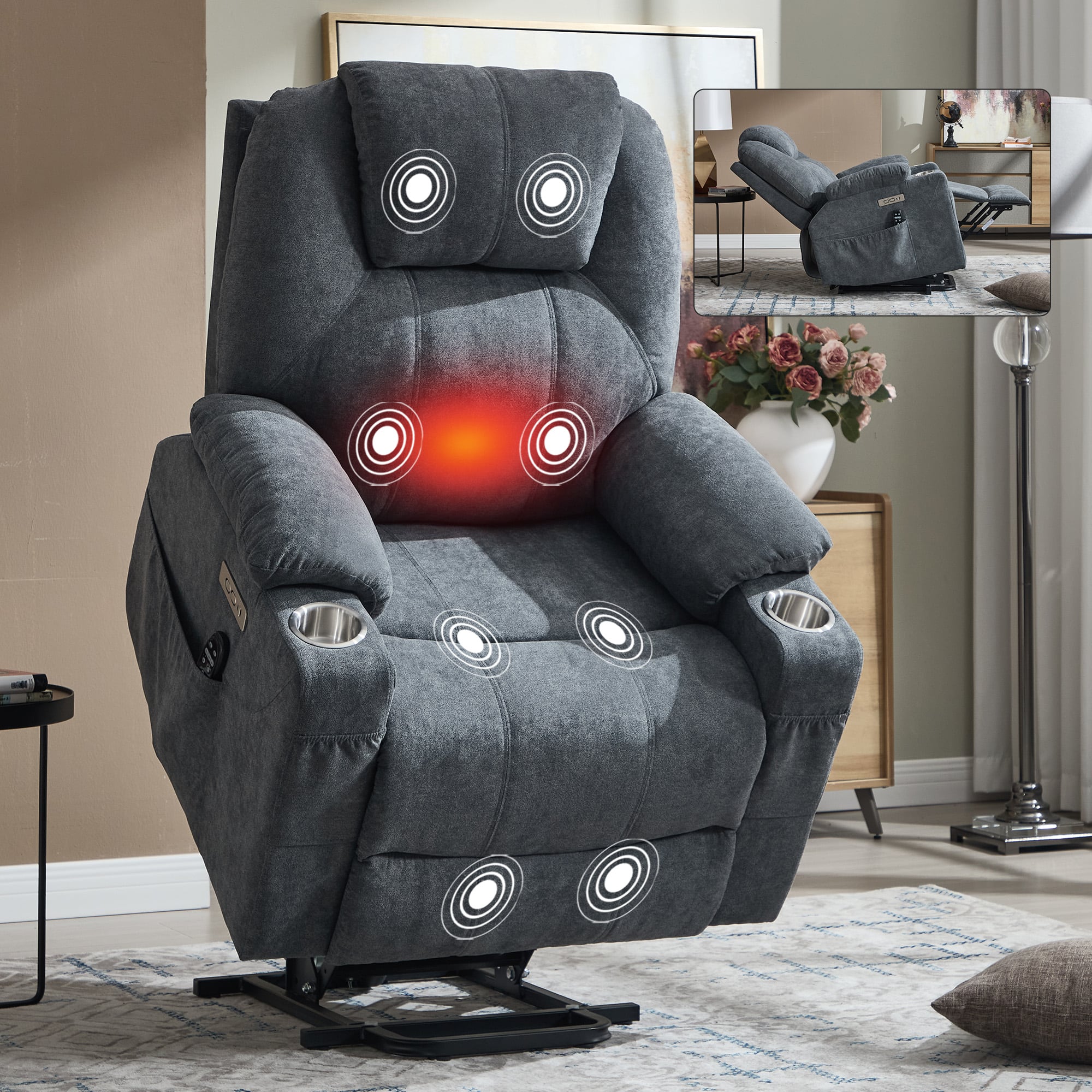 TinyHomie - Up to 350LBS Power Lift Recliner Chair Heavy Duty Motion Mechanism with 8-Point Vibration Massage and Lumbar Heating - Gray