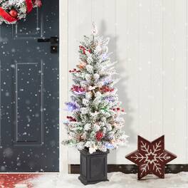 Glitzhome - 4ft Pre-Lit Flocked Christmas Porch Tree, Red Berries, 60 Warm /Multi Lights, Foot Pedal - White