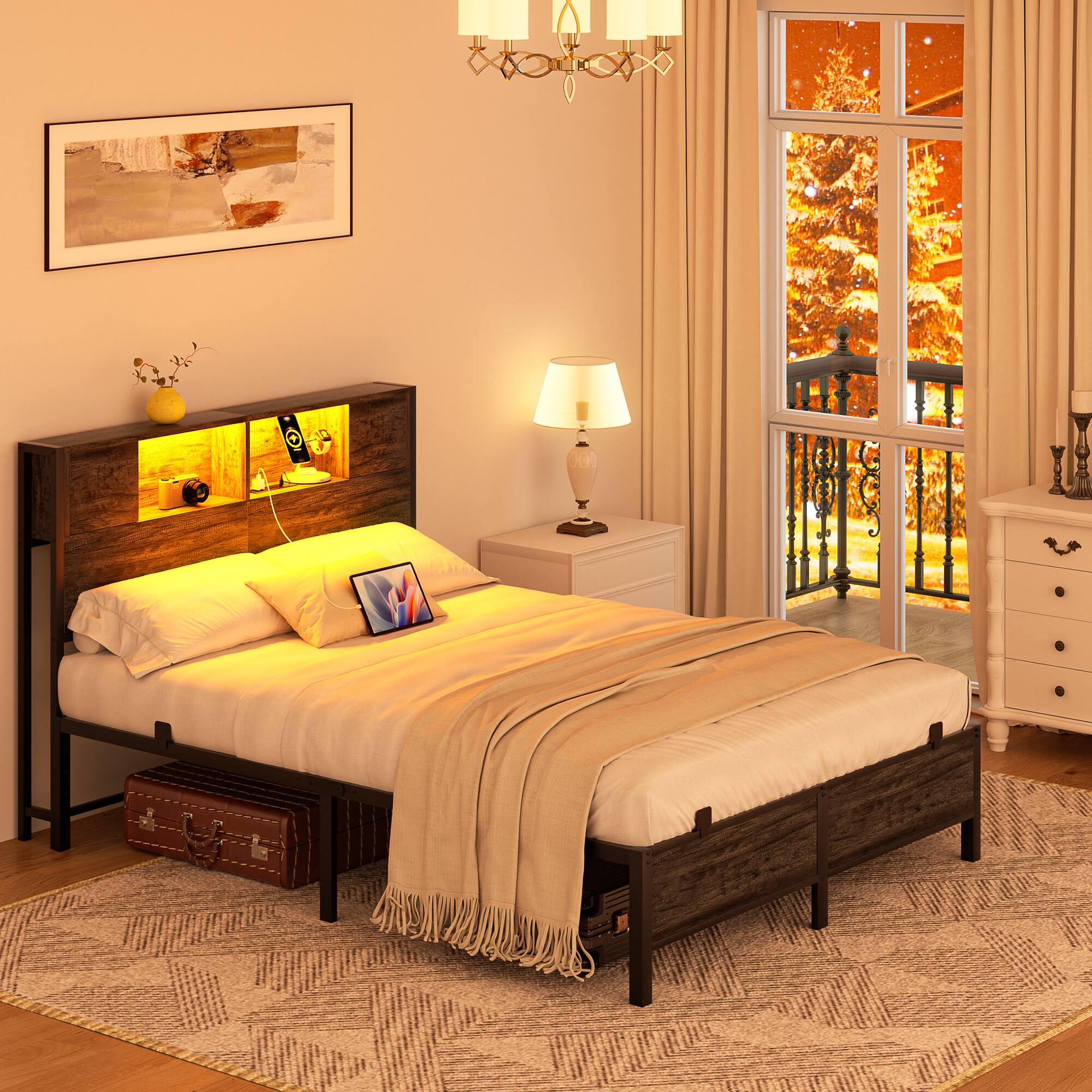 Left. Aheaplus - Industrial Metal Bed Frame: Storage Headboard / Charging, LED Lights, Steel Slats, No Box Spring, Easy Assembly - Black Oak.