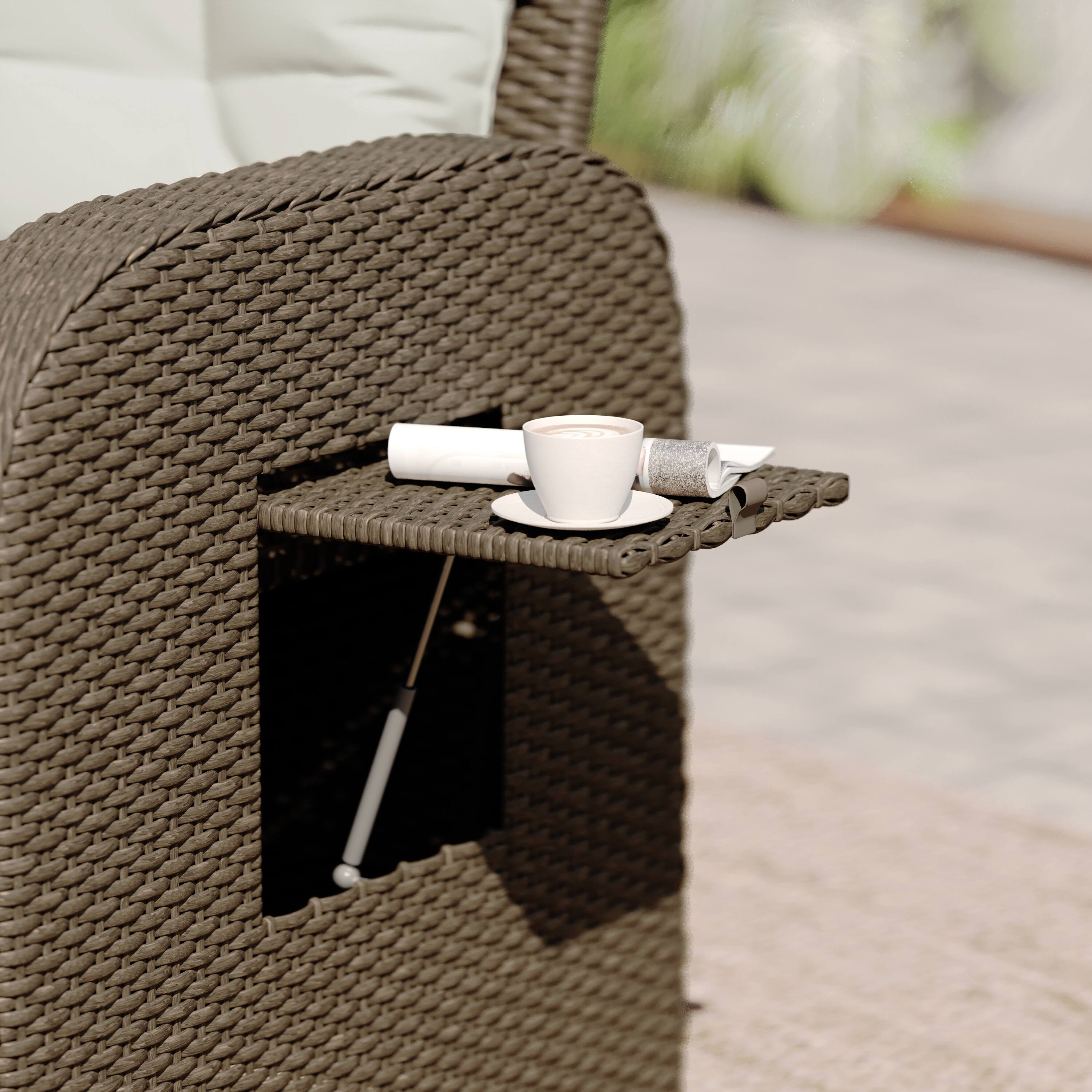 Alt View 3. Emma + Oliver - Aritzo Wicker Rattan Patio Recliner Lounge Chair with Side Flip-Up Table for Indoor/Outdoor Use - Beige Cushions/Brown Frame.