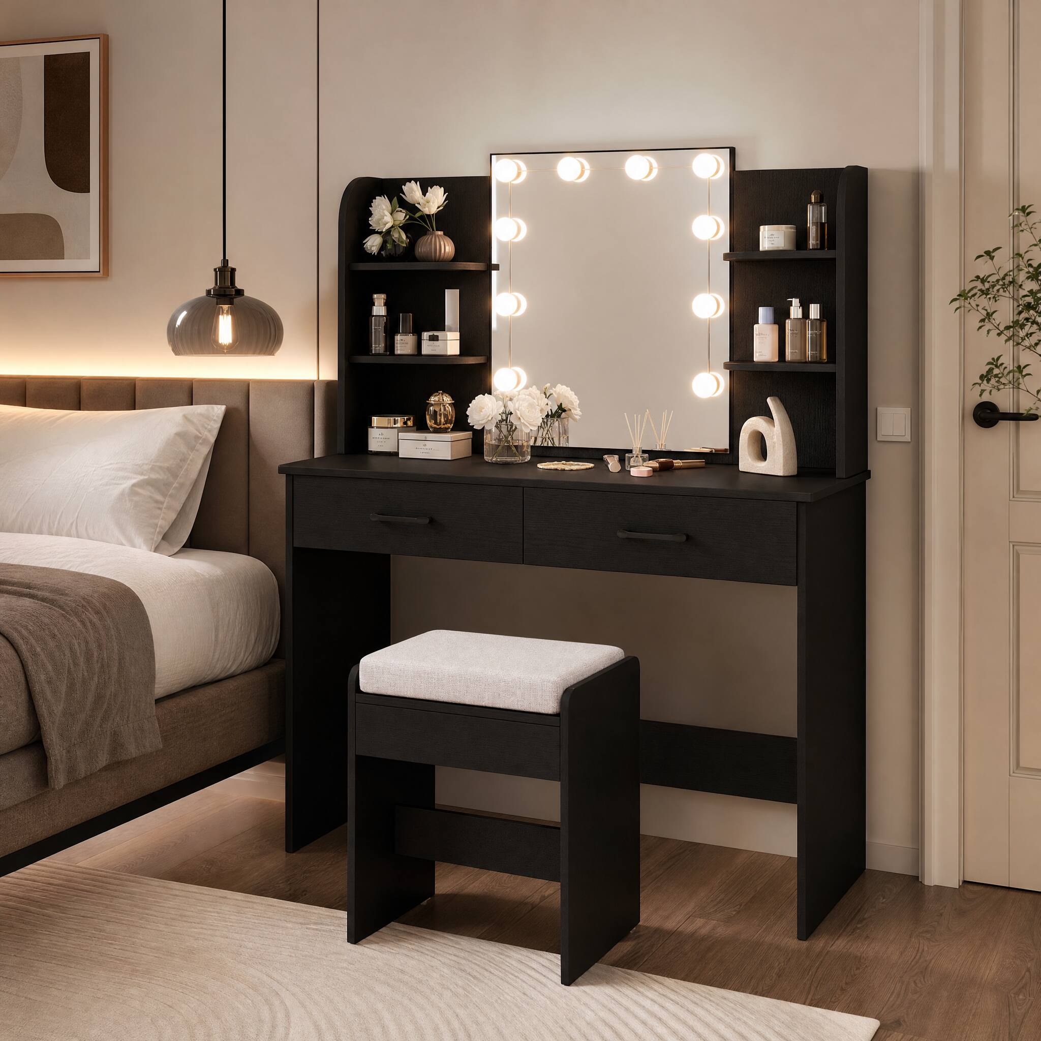 Angle. WELLFOR - Vanity Desk Set with Mirror and Lights, Makeup Vanity Table with Stool& Charging Station, Modern Vanity Dressing Table - Black.