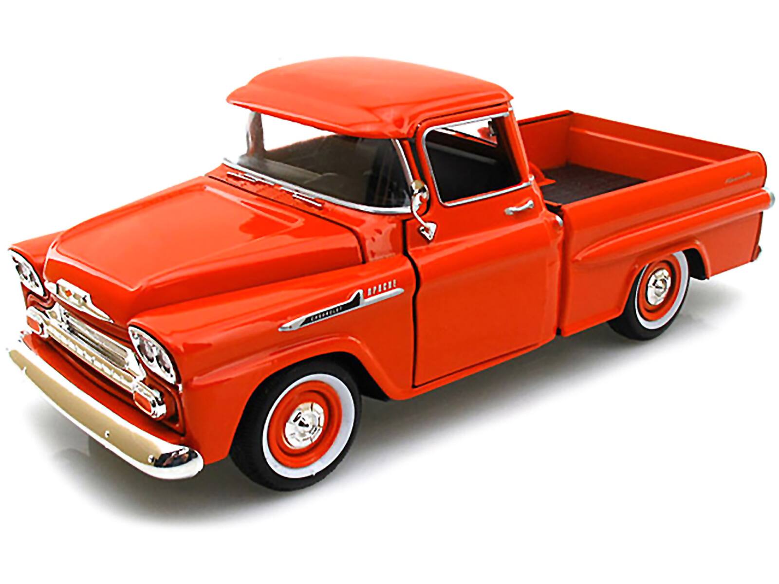 Alt View 1. Motormax - 1958 Chevrolet Apache Fleetside Pickup Truck Orange 1/24 Diecast Model Car by Motormax.
