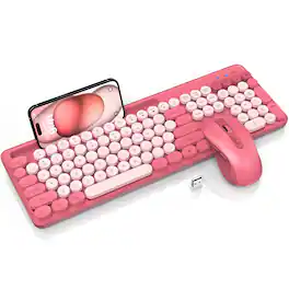 Empire DigiLabs - Wireless And Mouse Combo Retro Round Keycaps Full size Cute Typewriter With Large Phone tablet Holder Auto - Camellia Rose