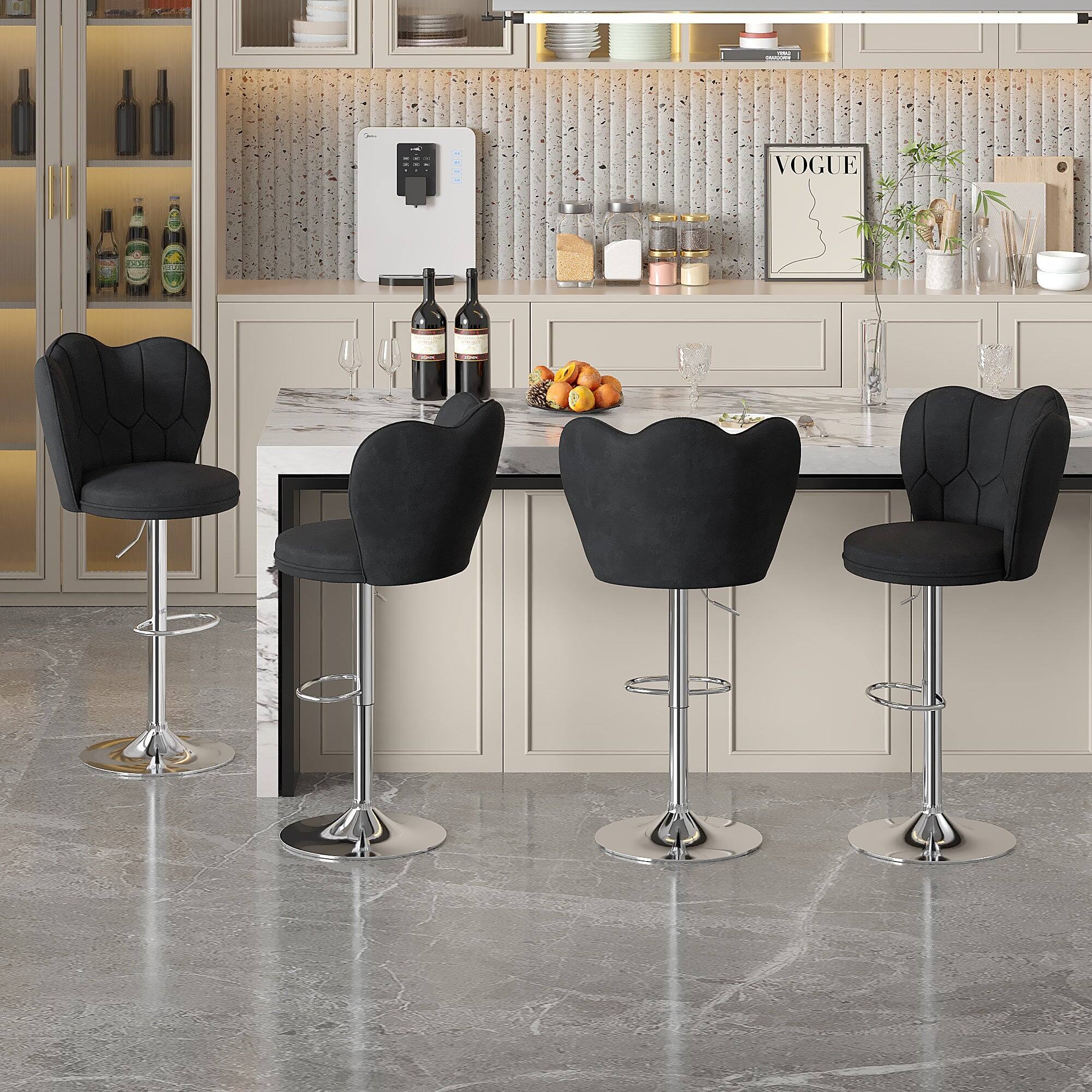 Alt View 2. Vecelo - Set of 4 Velvet Bar Stools with Adjustable Height - 360° Swivel, 330lb Capacity & Cloud Backrest for Kitchen Island - Black.