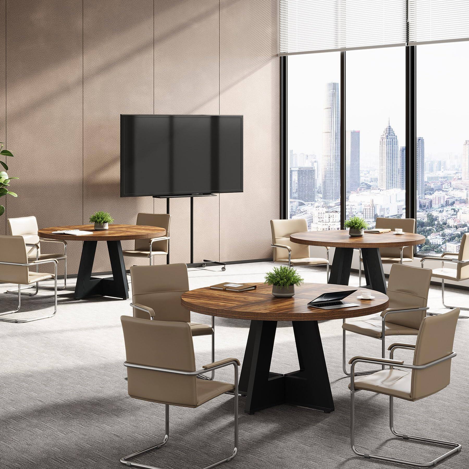 Alt View 2. Tribesigns - 47.2-Inch Round Conference Table with Thick Wood Top and Wood Base for Office Meeting Rooms - Rustic Brown+black.