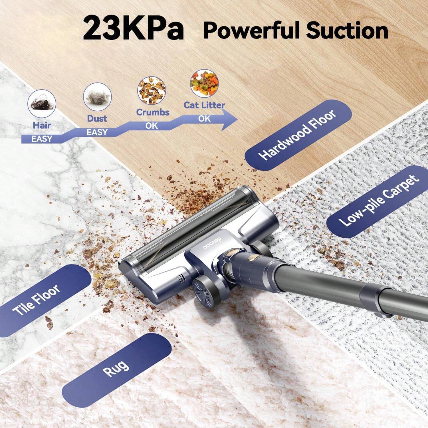 23KPa Powerful Suction

- Hair: EASY
- Dust: EASY
- Crumbs: OK
- Cat Litter: OK

Suitable for:
- Hardwood Floor
- Low-pile Carpet
- Tile Floor
- Rug