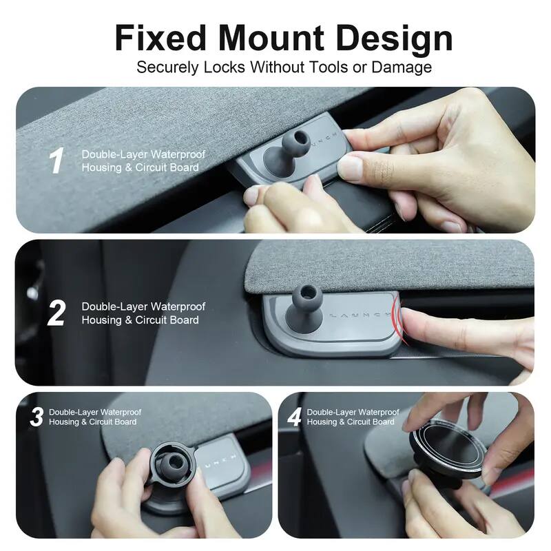 Fixed Mount Design  
Securely Locks Without Tools or Damage  

1. Double-Layer Waterproof Housing & Circuit Board  
2. Double-Layer Waterproof Housing & Circuit Board  
3. Double-Layer Waterproof Housing & Circuit Board  
4. Double-Layer Waterproof Housing & Circuit Board