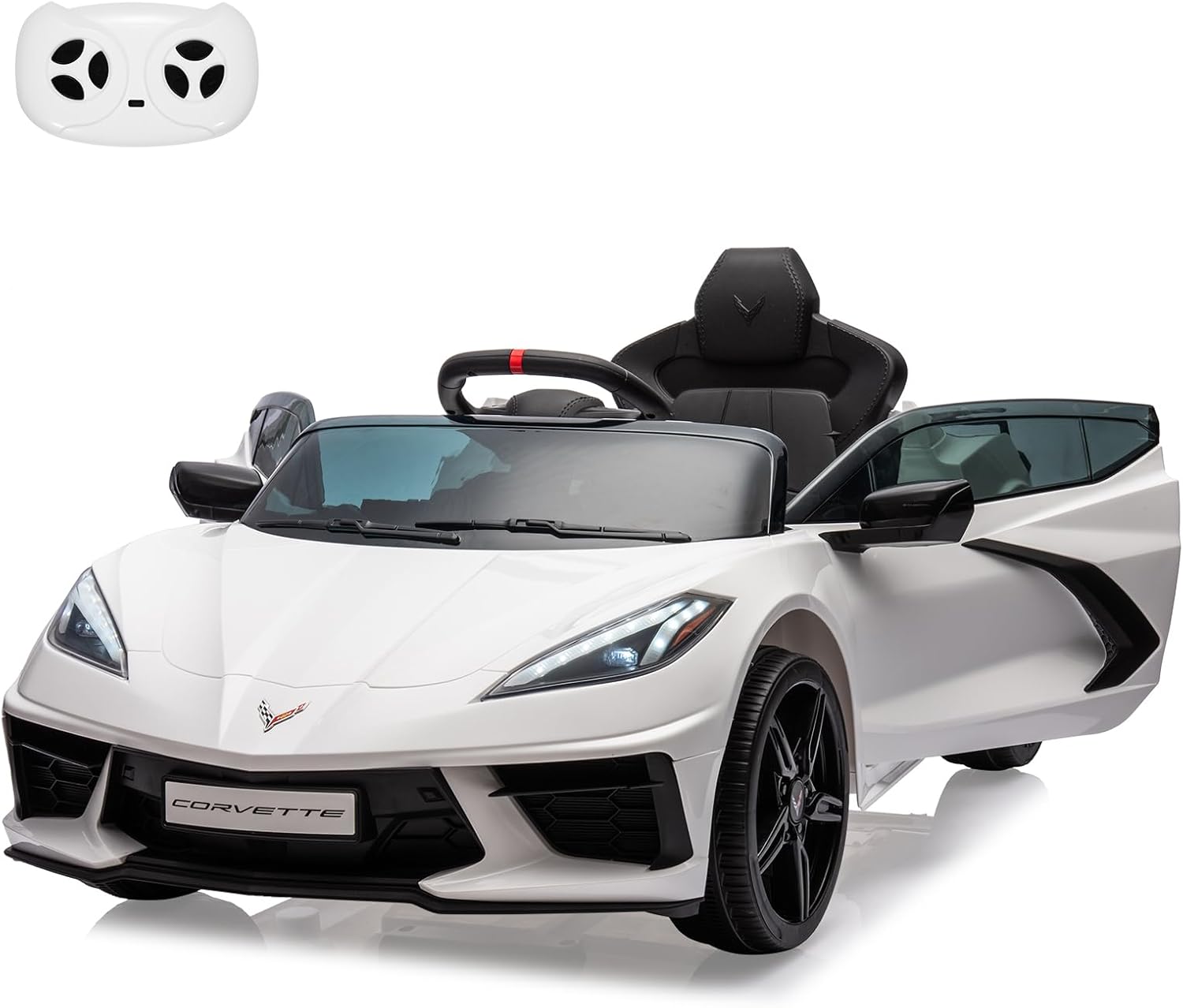 Front. Homhougo - 12V Licensed Corvette Ride-On Sports Car for Kids, Parent Remote, LED Lights, Music, White.