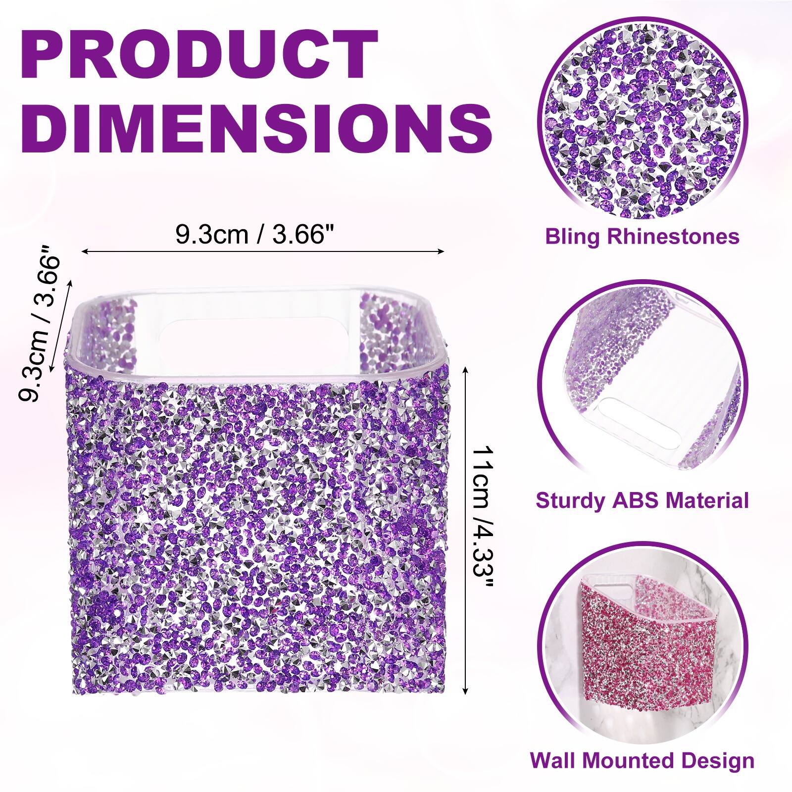 PRODUCT DIMENSIONS

9.3cm / 3.66"  
11cm / 4.33"

Bling Rhinestones  
Sturdy ABS Material  
Wall Mounted Design