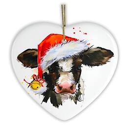 OrnamentallyYou - Watercolor Cow Christmas Ornament Heart Version - Multi-colored