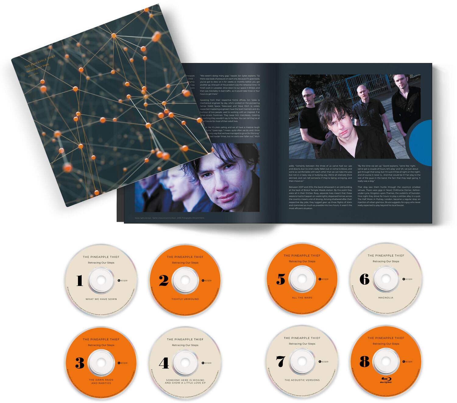 THE PINEAPPLE THIEF  
Retracing Our Steps  

1. WHAT WE HAVE SEEN  
2. TIGHTLY WOUND  
3. THE DARK BANDS  
4. SOMEONE HERE IS MISSING  
5. ALL THE WARS  
6. MAGNOLIA  
7. THE ACOUSTIC VERSIONS  
8. DVD  

THE PINEAPPLE THIEF