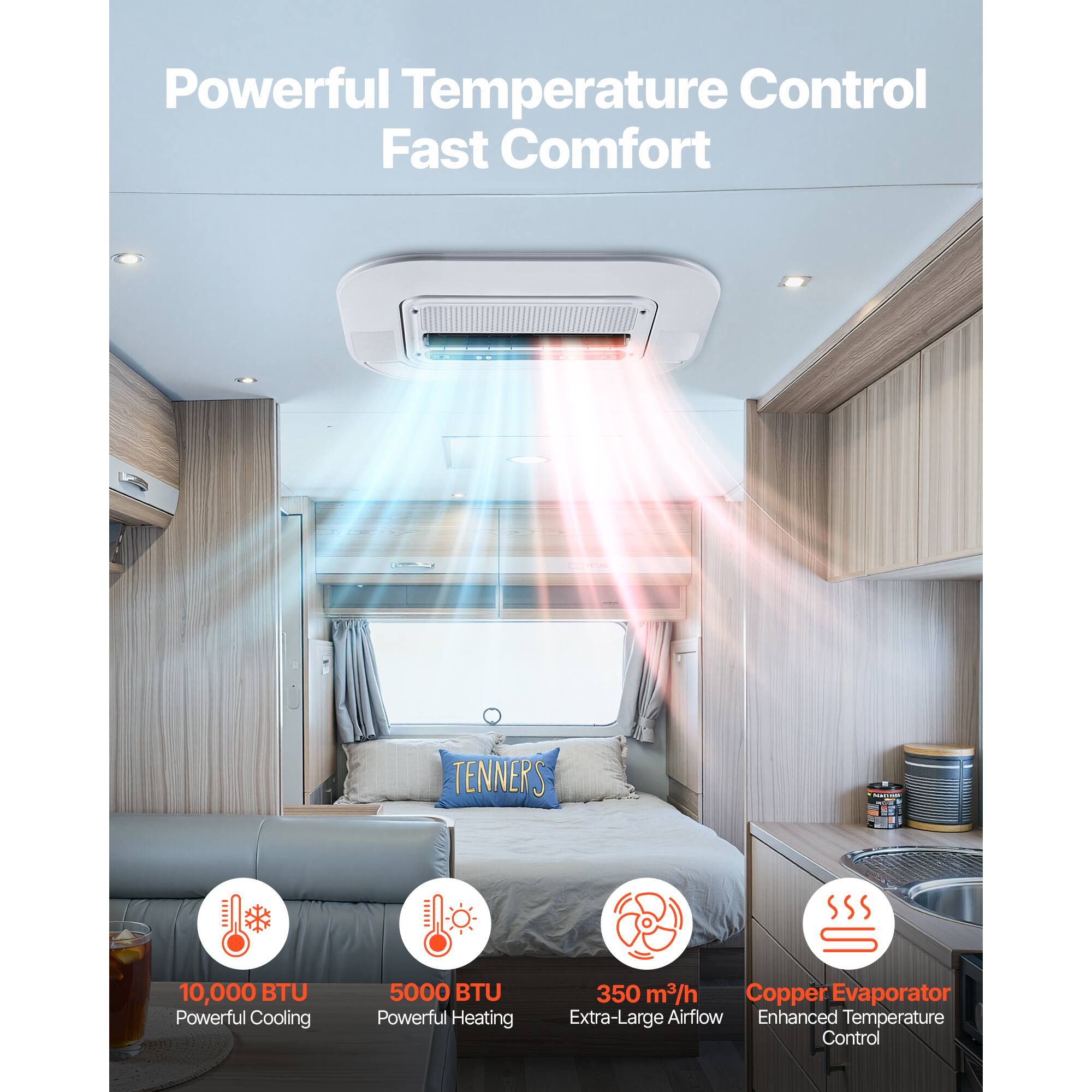 Powerful Temperature Control  
Fast Comfort  

TENNERS  

10,000 BTU Powerful Cooling  
5000 BTU Powerful Heating  
350 m³/h Extra-Large Airflow  
Copper Evaporator  
Enhanced Temperature Control