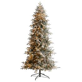 BreeBe - 8.5’ Flocked Manchester Spruce Artificial Christmas Tree - White, Green