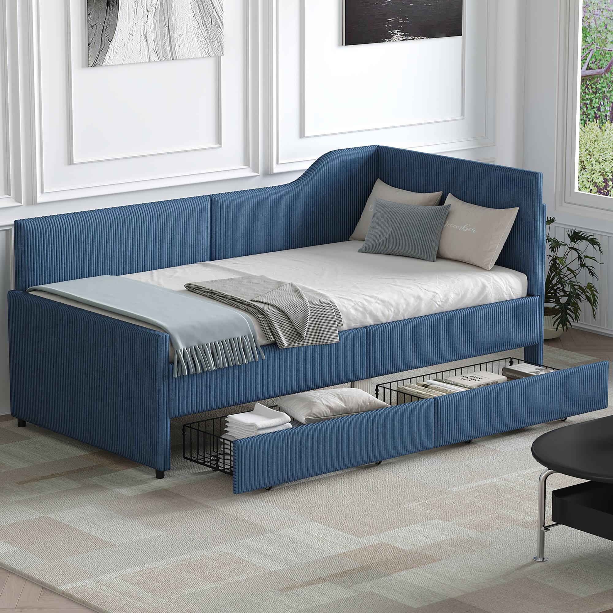 Angle. GOODSILO - Twin Size L-Shaped Upholstered Daybed with Storage Drawers, Corduroy Fabric, Beige Finish - Blue.