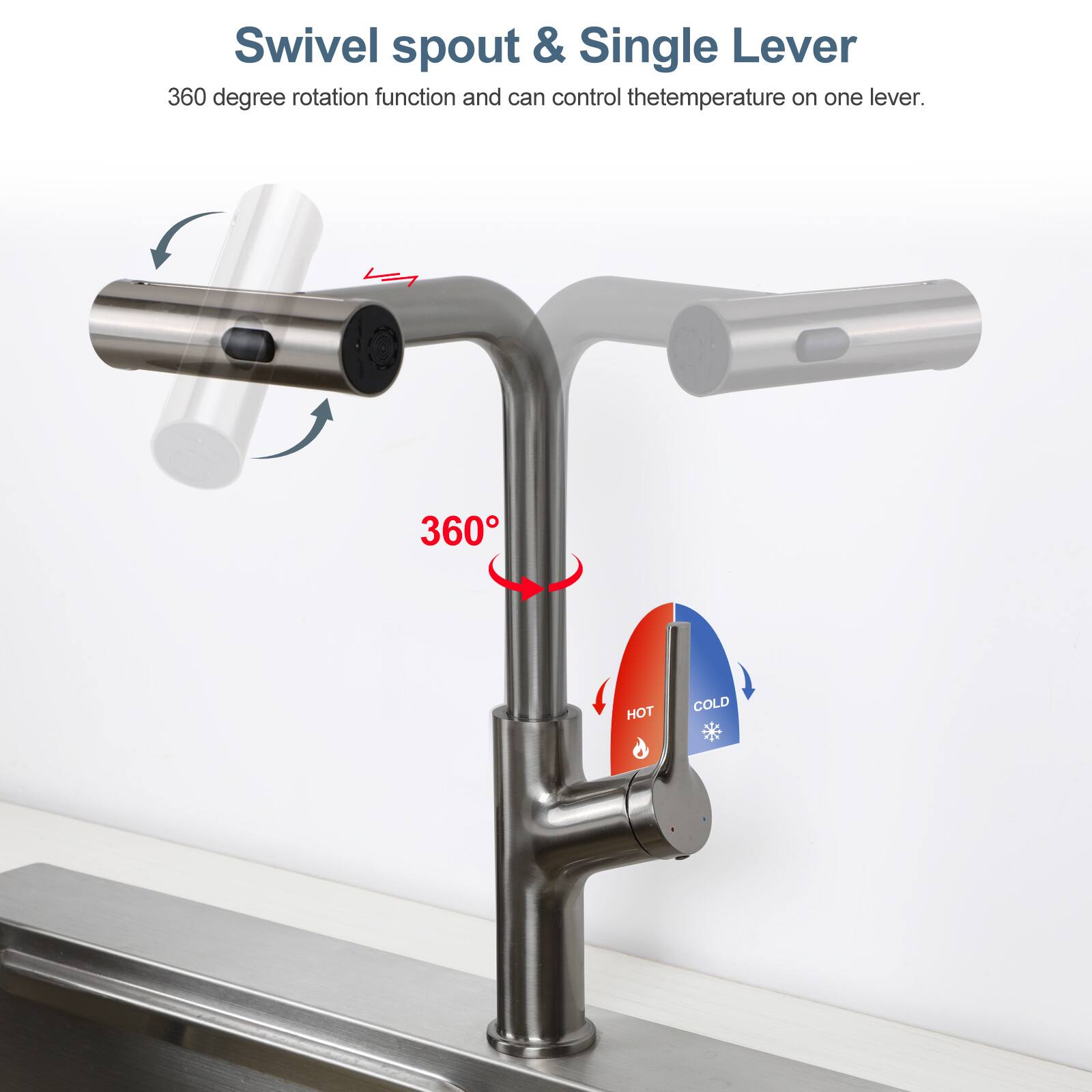 Swivel spout & Single Lever  
360 degree rotation function and can control the temperature on one lever.  
360° HOT COLD