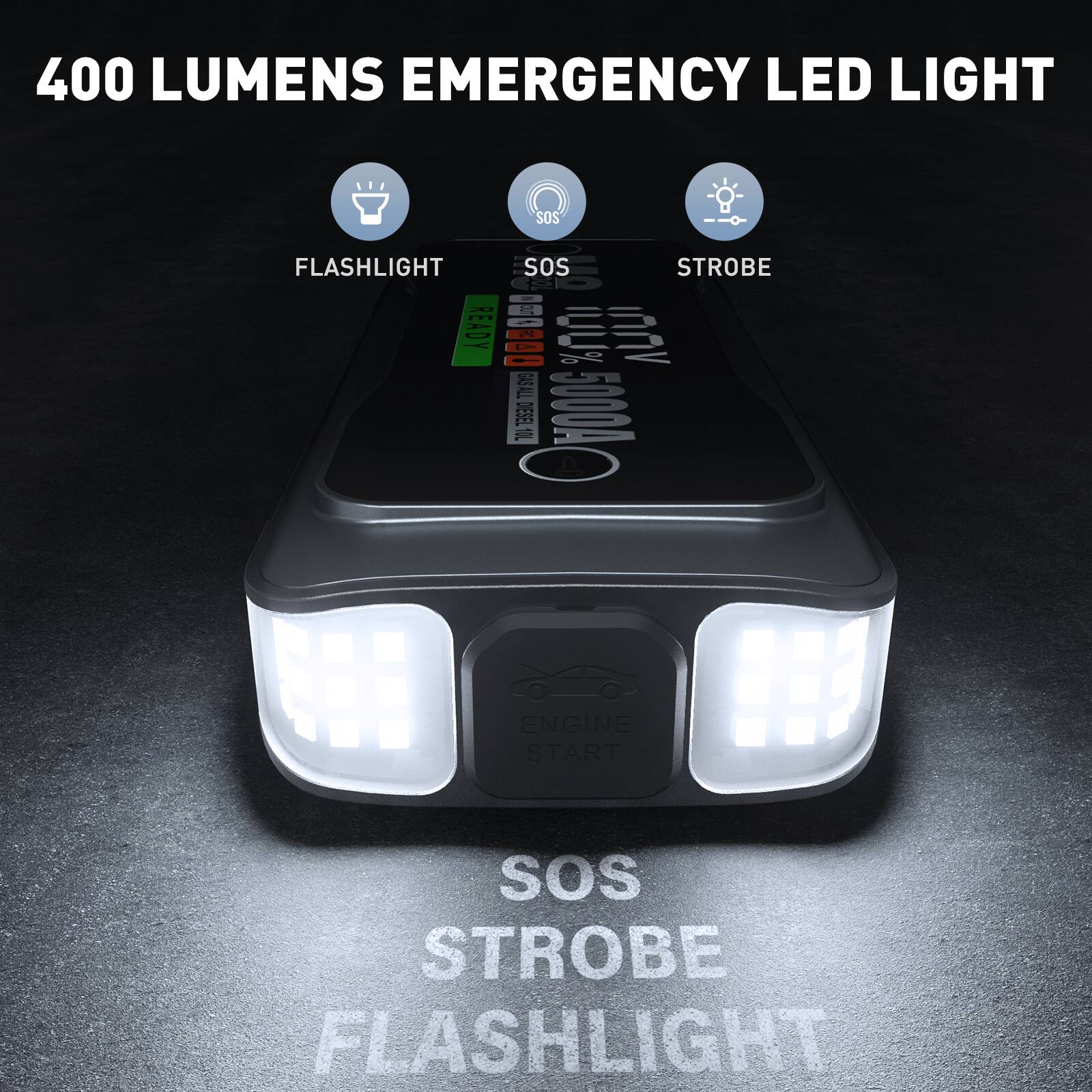 400 LUMENS EMERGENCY LED LIGHT SOS FLASHLIGHT  
SOS STROBE READY  
10. GABALL DESEL10 PO EC 5004 ENGINE START SOS STROBE FLASHLIGHT