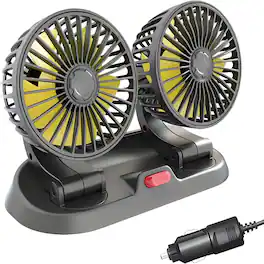 Loheer - 12V Car Fan Dual Head, 360 Rotating Portable Cooling Fan for SUV RV Without AC, 2 Speed Clip On Dashboard Vent