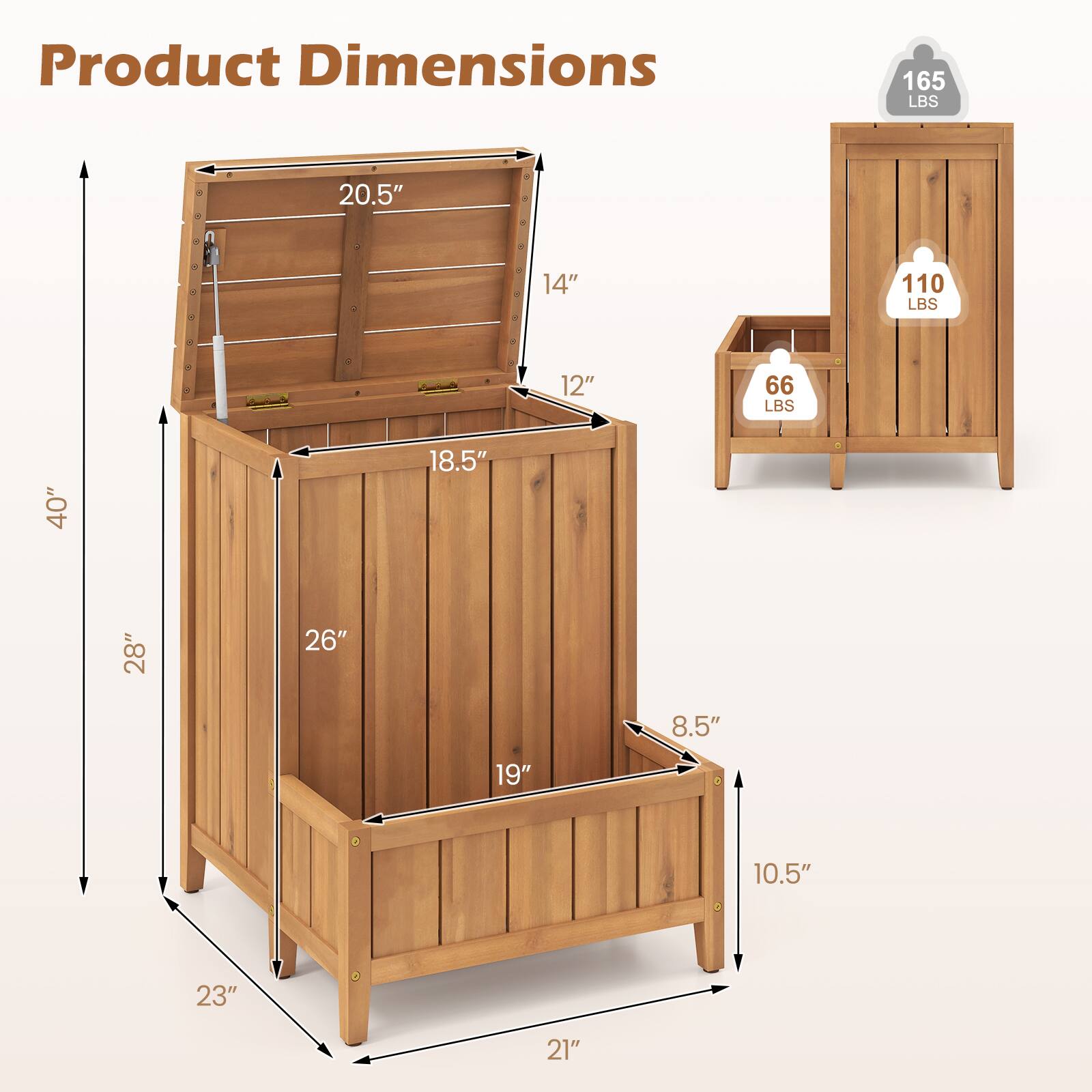 Product Dimensions:  
- 165 LBS  
- 20.5"  
- 14"  
- 12"  
- 110 LBS  
- 66 LBS  
- 40"  
- 18.5"  
- 28"  
- 26"  
- 8.5"  
- 19"  
- 10.5"  
- 23"  
- 21"