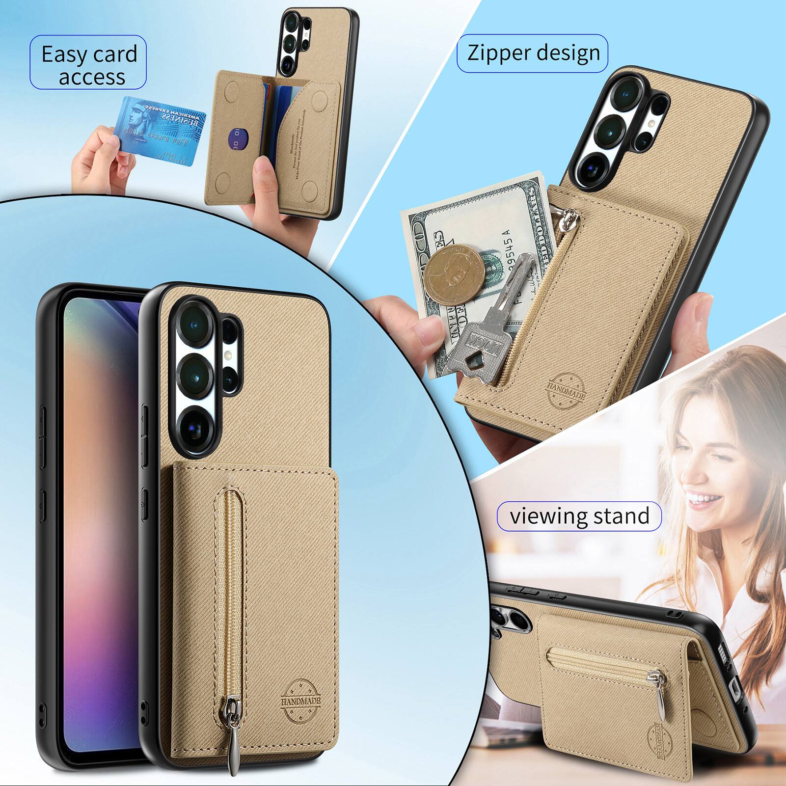 Easy card access  
Zipper design  
viewing stand  
HANDMADE
