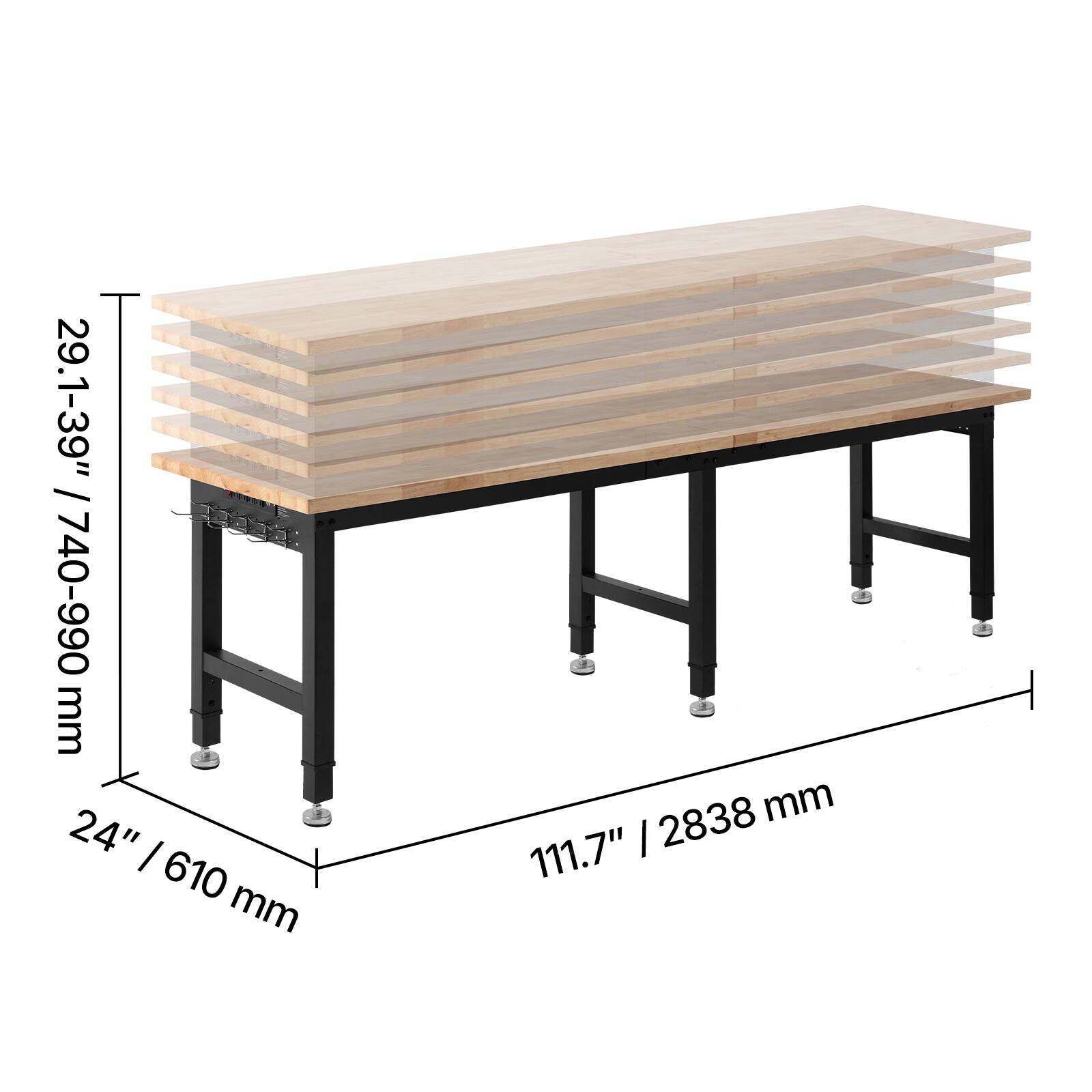 29.1-39" / 740-990 mm  
24" / 610 mm  
111.7" / 2838 mm