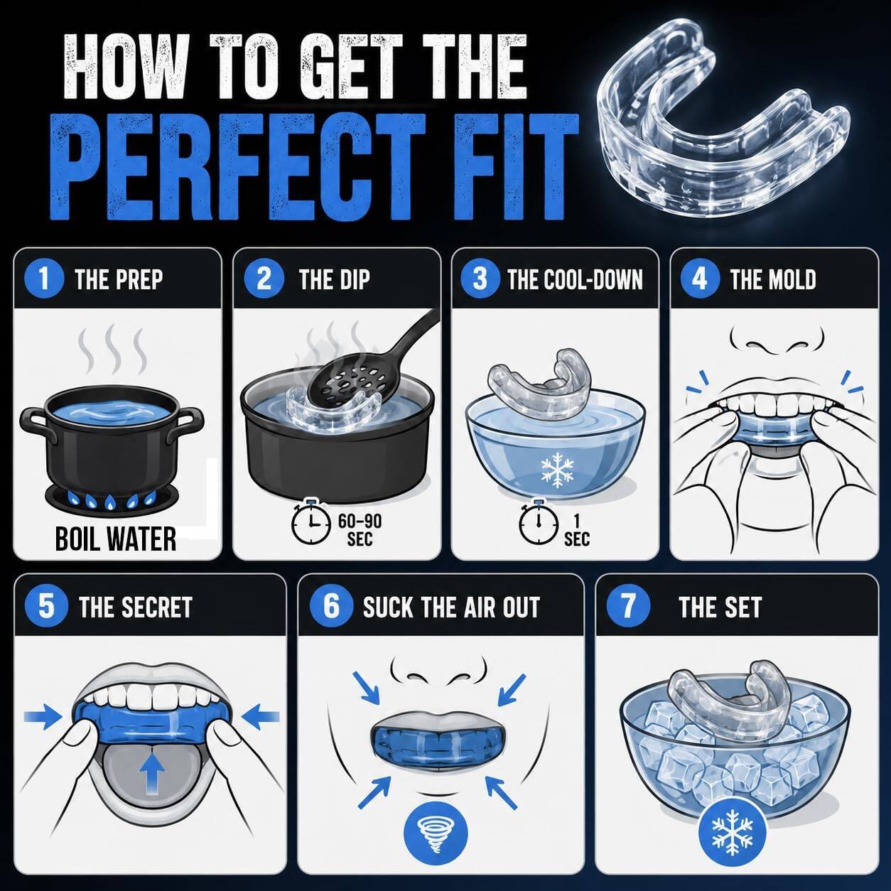 HOW TO GET THE PERFECT FIT

1. THE PREP
2. THE DIP
3. THE COOL-DOWN
4. THE MOLD
5. THE SECRET
6. SUCK THE AIR OUT
7. THE SET

BOIL WATER 60-90 SEC
1 SEC