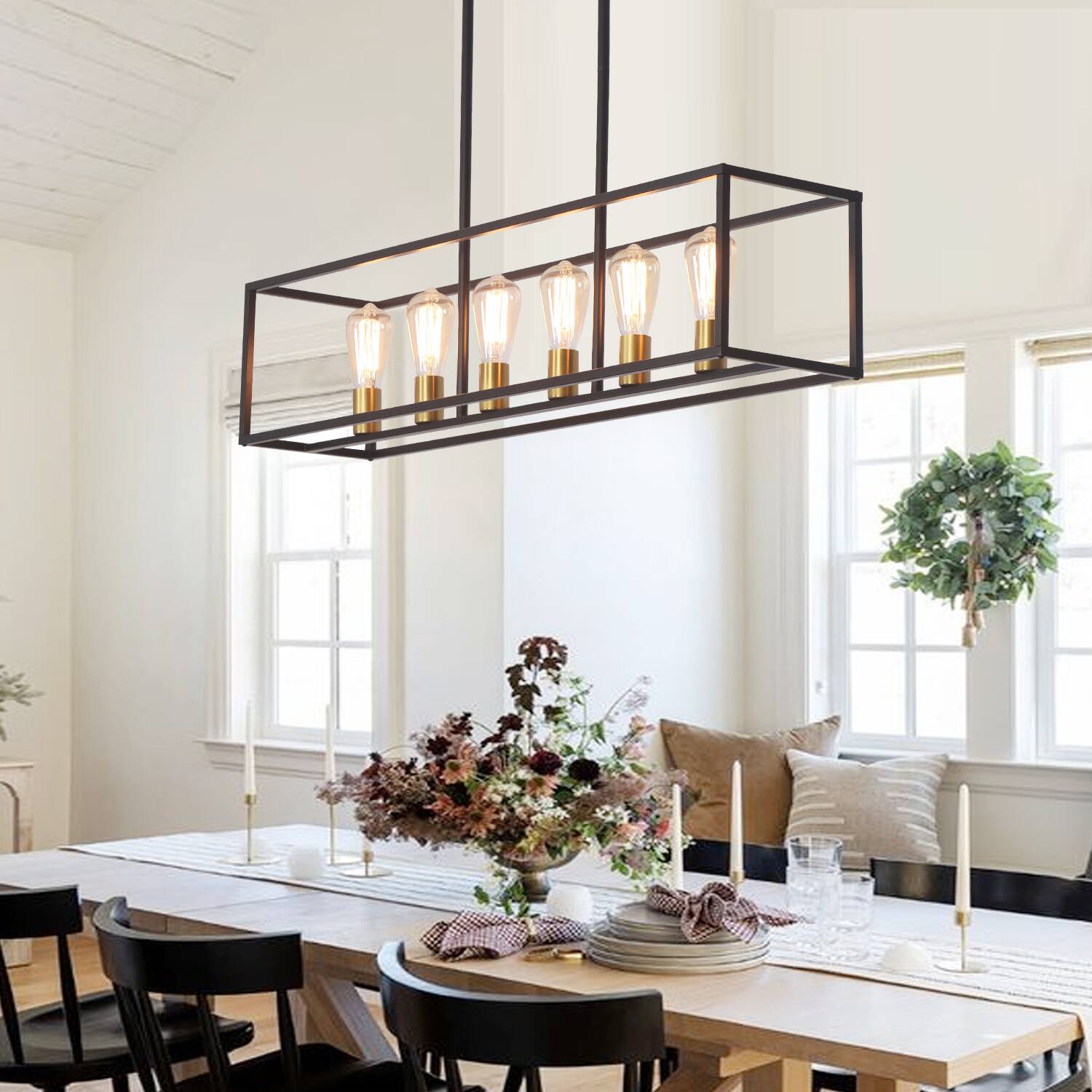 Angle. Umeiluce - 6 Lights Island Chandelier  Farmhouse Vintage Style for Dinning Room, Kitchen, Showroom, Restaurant - Black and Brass.