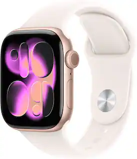Front. Apple - Apple Watch Series 11 (GPS) 42mm Rose Gold Aluminum Case with Light Blush Sport Band - S/M - Rose Gold.