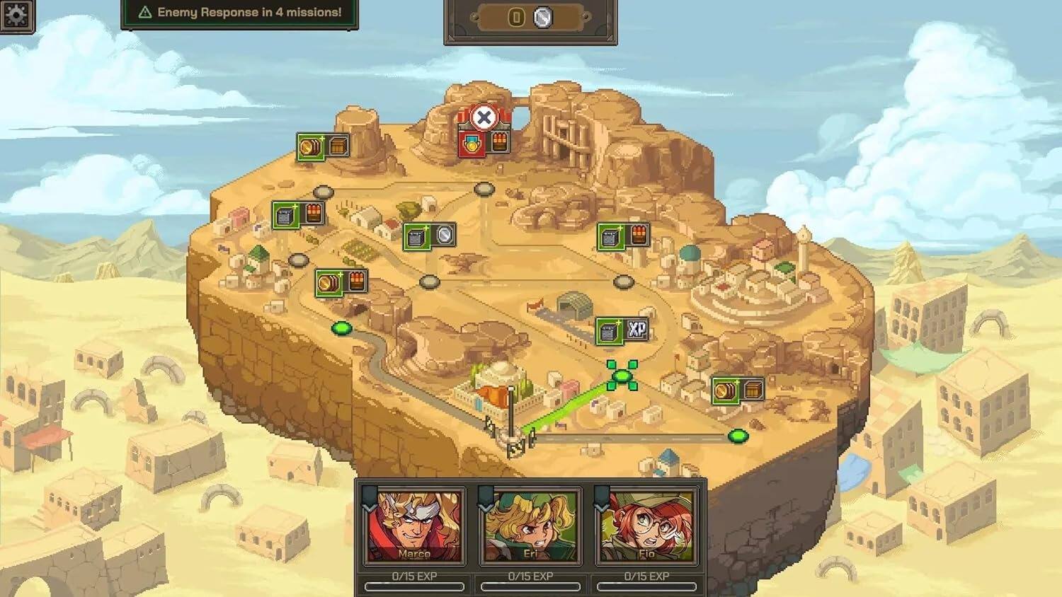 Enemy Response in 4 missions!  
0 x AP  
Marco: 0/15 EXP  
Eri: 0/15 EXP  
Fio: 0/15 EXP