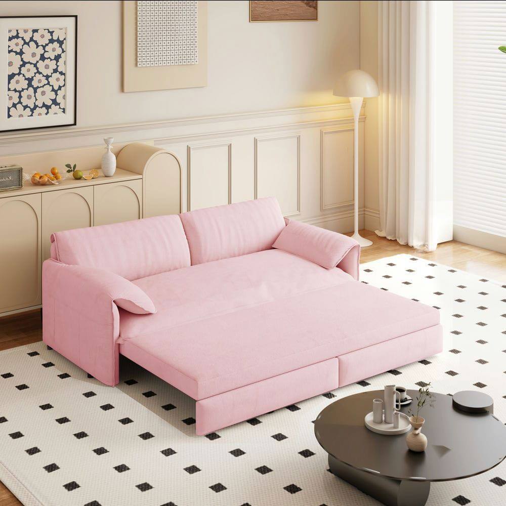 Alt View 8. Kadyn - 66" Queen Pull Out Sofa Bed, 3-in-1 Convertible Sleeper with Side Storage, Velvet Loveseat - Pink.