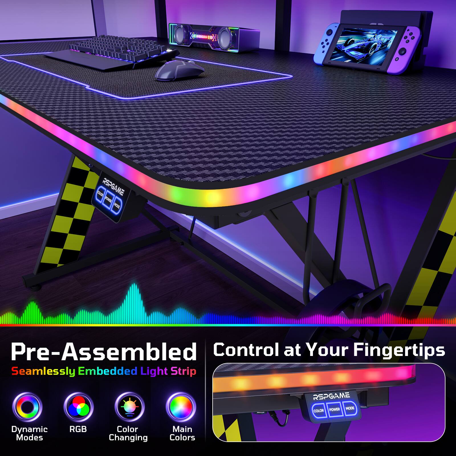 Sure, here is the corrected and grouped text from the image:

---

**Pre-Assembled**  
Seamlessly Embedded Light Strip

- Dynamic Modes
- RGB
- Color Changing
- Main Colors

**Control at Your Fingertips**

---

**RSPGAME**  
POWER  
COLOR  
MODE