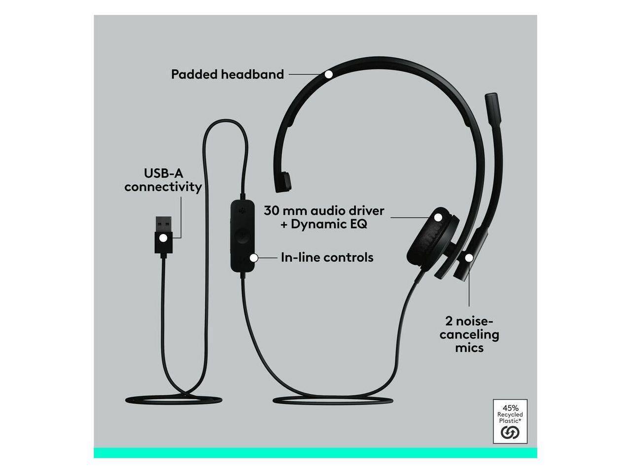 Padded headband  
USB-A connectivity  
30 mm audio driver + Dynamic EQ  
In-line controls  
2 noise-canceling mics  
45% Recycled Plastic*