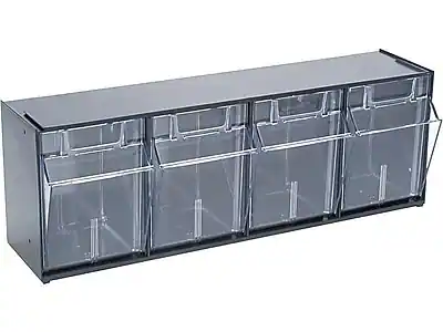 Front. Deflecto - Interlocking Tilt 4-Bin Compartment Storage, Hard Plastic/Transparent - Black/Transparent.