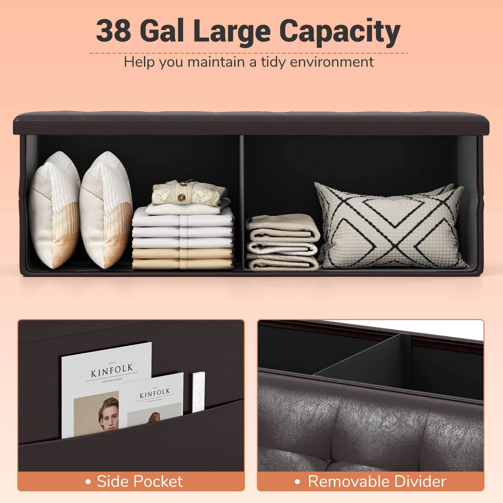 38 Gal Large Capacity  
Help you maintain a tidy environment  

- Side Pocket  
- Removable Divider
