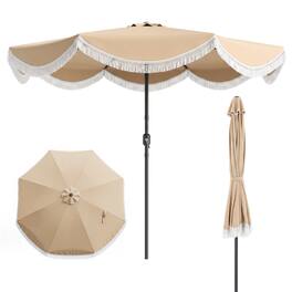 Costway - 9 FT Patio Umbrella with Fringe, Push Button Tilt, Crank, 8 Sturdy Ribs for Garden - Cream + White