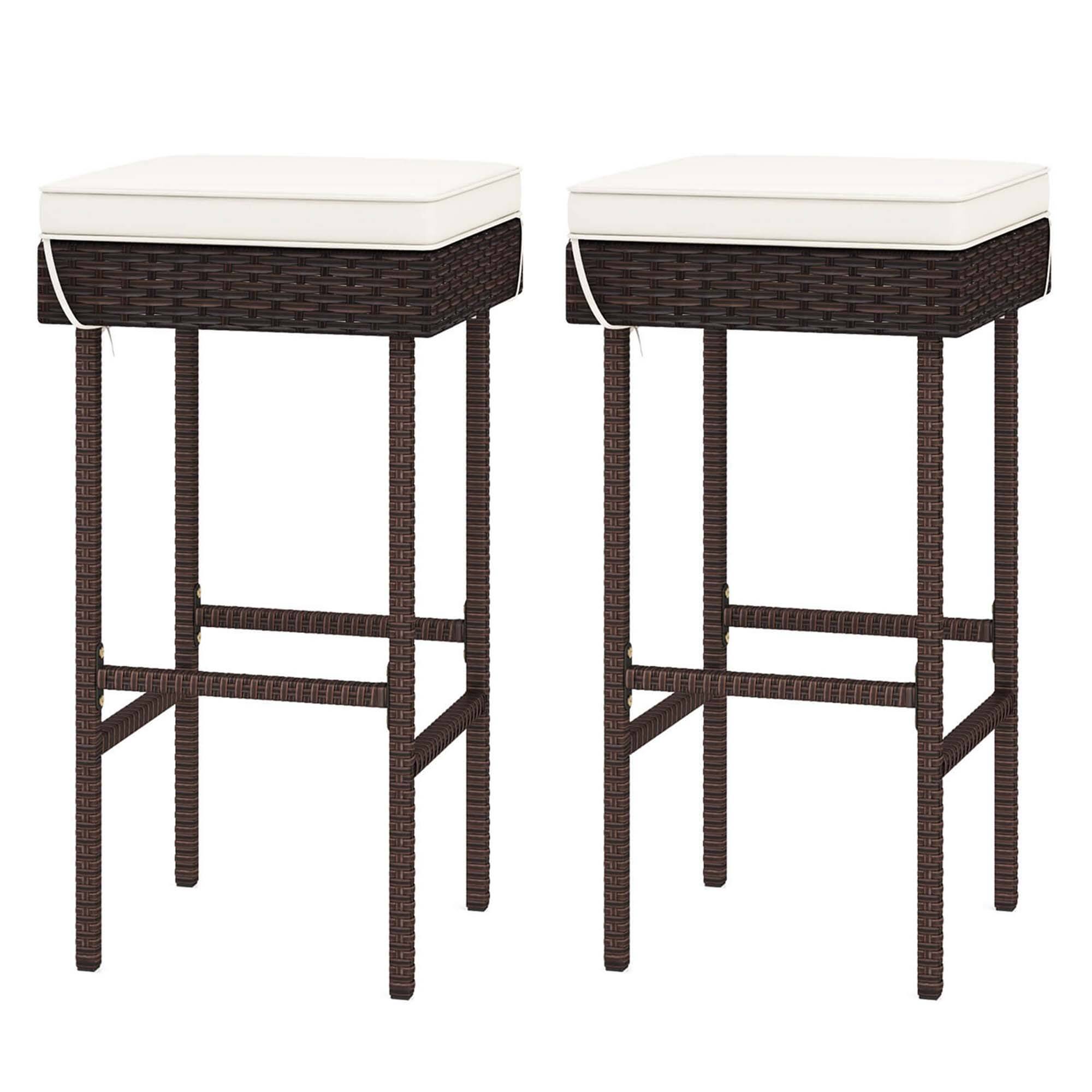 Front. Gymax - Gymax 2PCS Rattan Barstools Patio Wicker Bar Height Chairs w/ Footrest - Off White, Mix Brown.