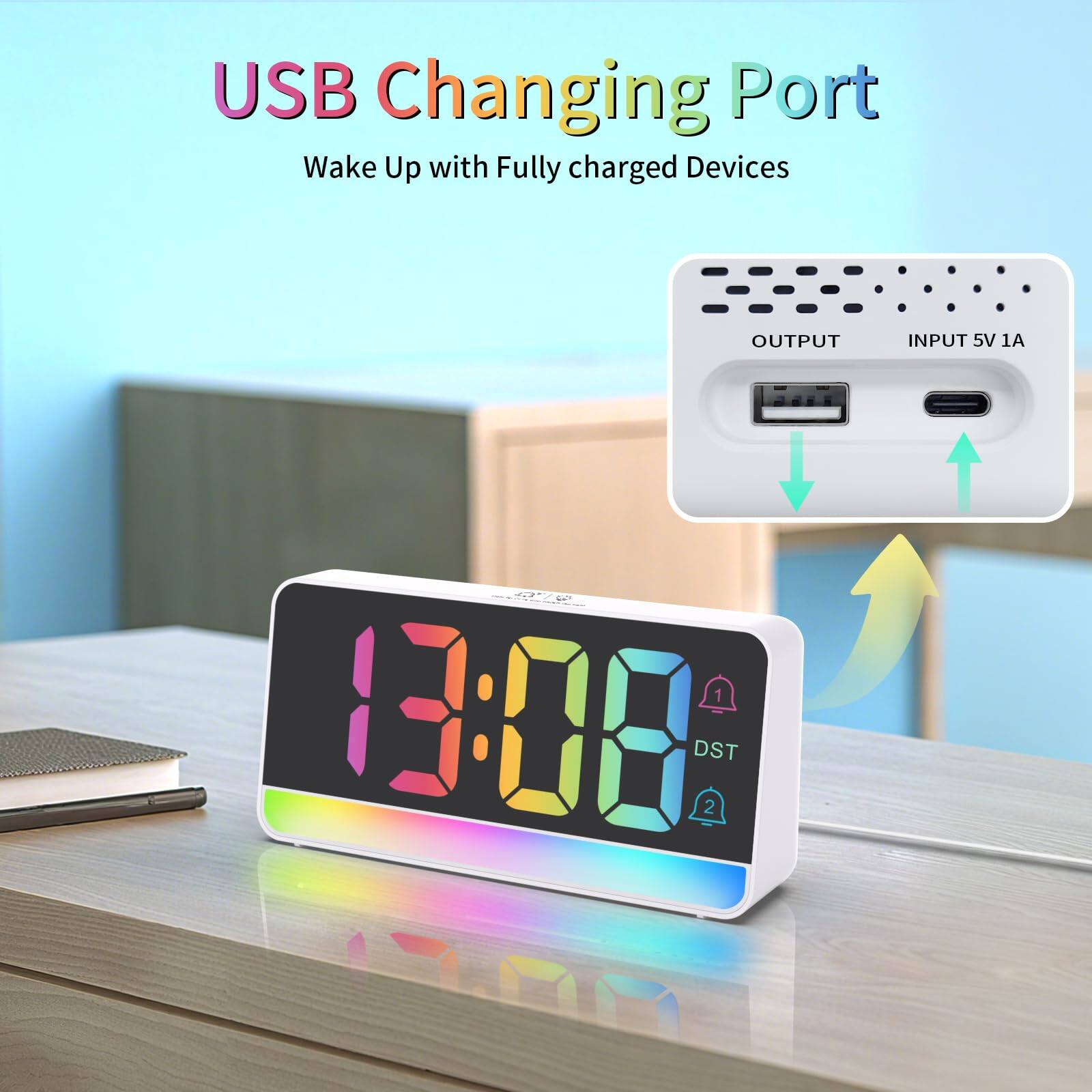 USB Changing Port  
Wake Up with Fully Charged Devices  

OUTPUT  
INPUT 5V 1A  

13:08  
DST