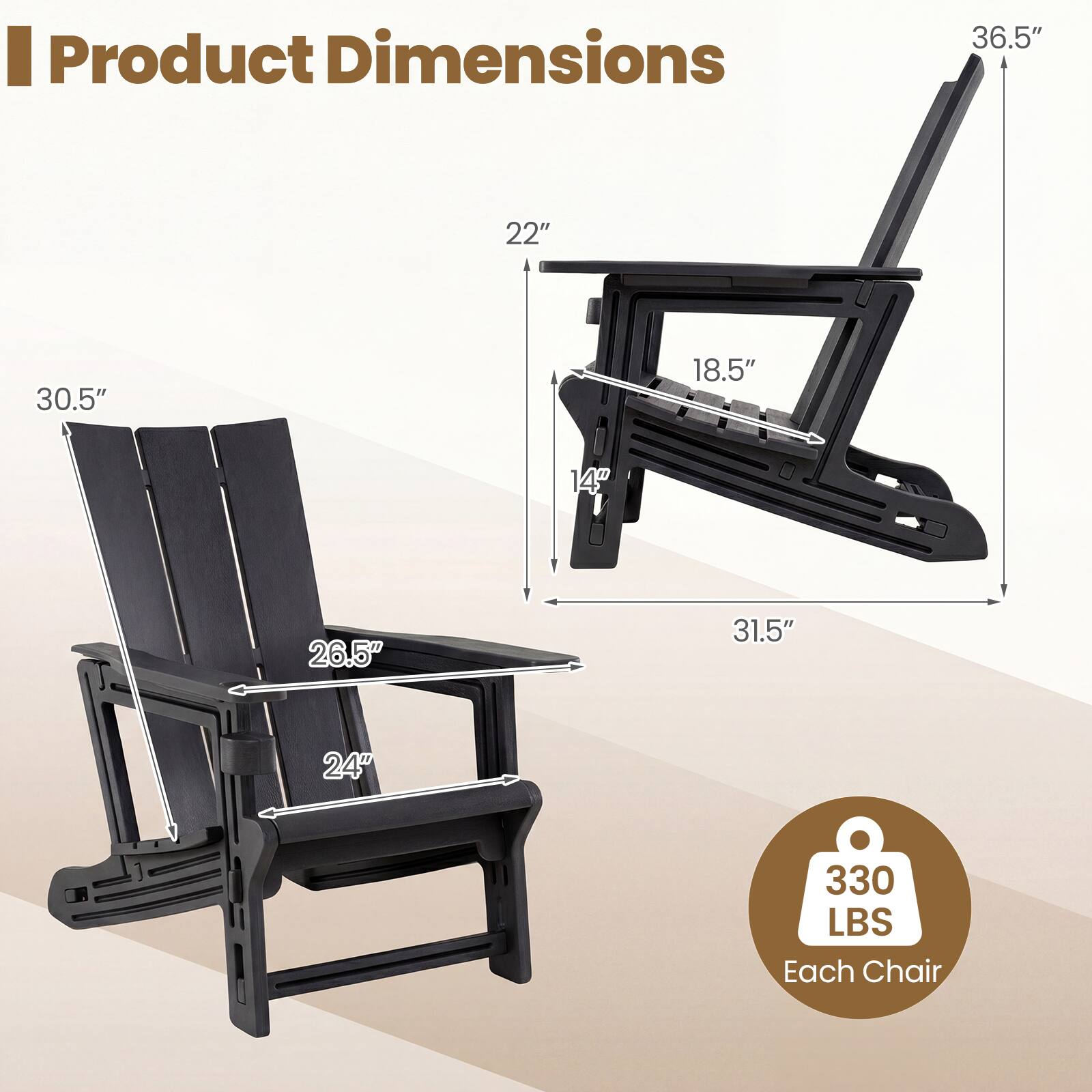 Product Dimensions: 36.5" x 22" x 30.5" x 18.5" x 14" x 26.5" x 31.5" x 24"  
Weight Capacity: 330 LBS Each Chair