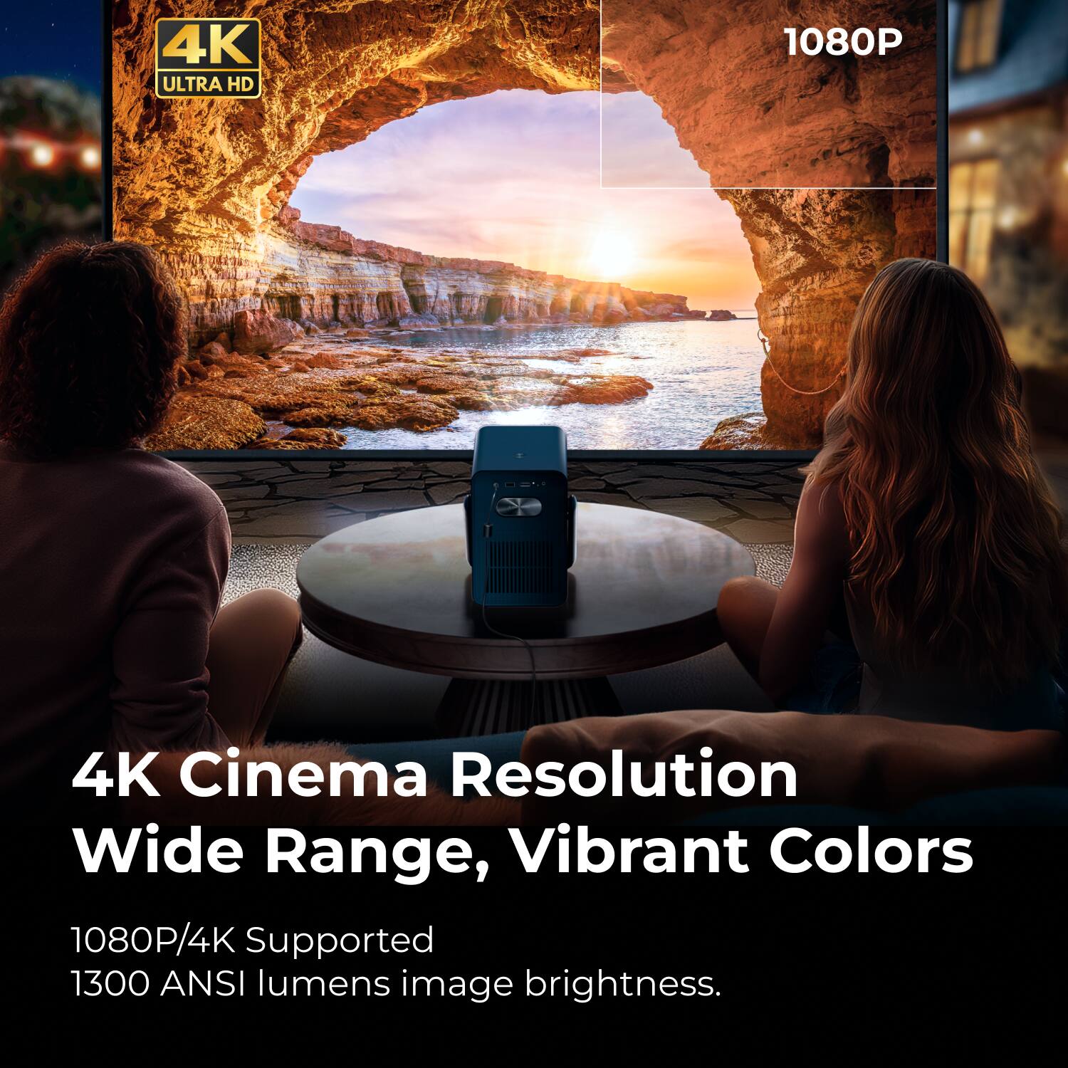 4K Cinema Resolution  
Wide Range, Vibrant Colors  

1080P/4K Supported  
1300 ANSI lumens image brightness.