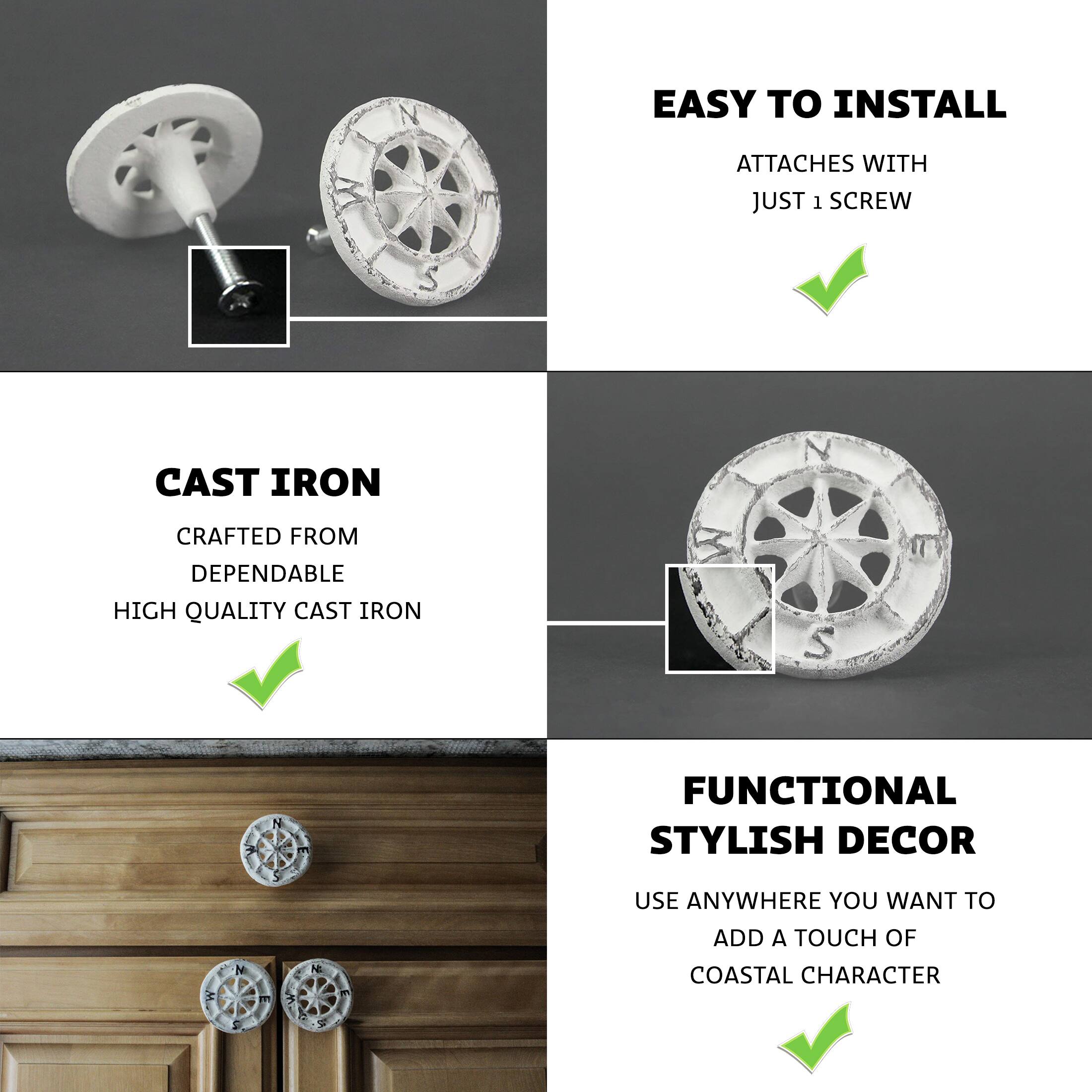 EASY TO INSTALL  
ATTACHES WITH JUST 1 SCREW  

CAST IRON  
CRAFTED FROM DEPENDABLE HIGH QUALITY CAST IRON  

FUNCTIONAL STYLISH DECOR  
USE ANYWHERE YOU WANT TO ADD A TOUCH OF COASTAL CHARACTER