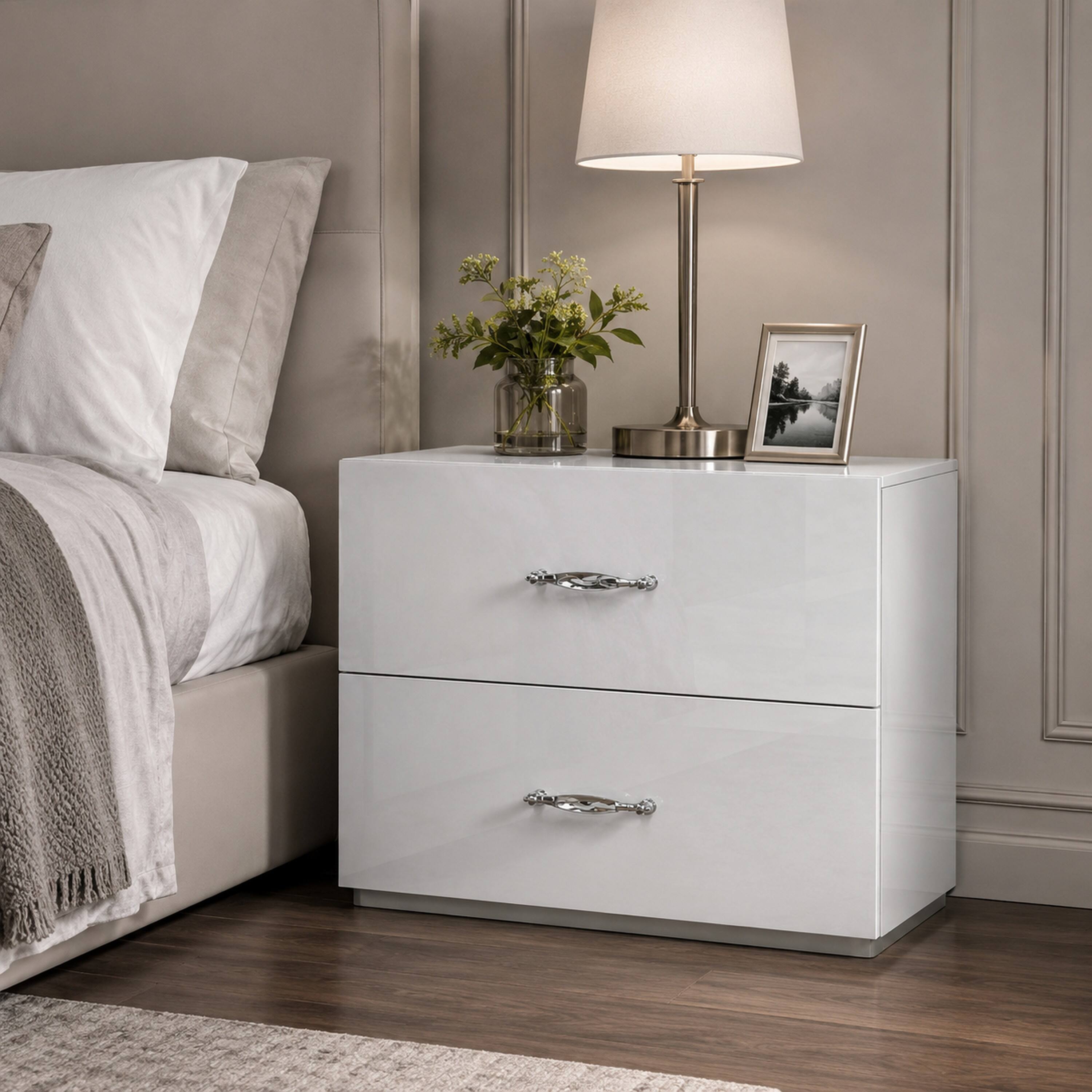Alt View 5. Manhattan Lane - Soha Nightstand, 2 Drawers, Acrylic Handles - White, Chrome.