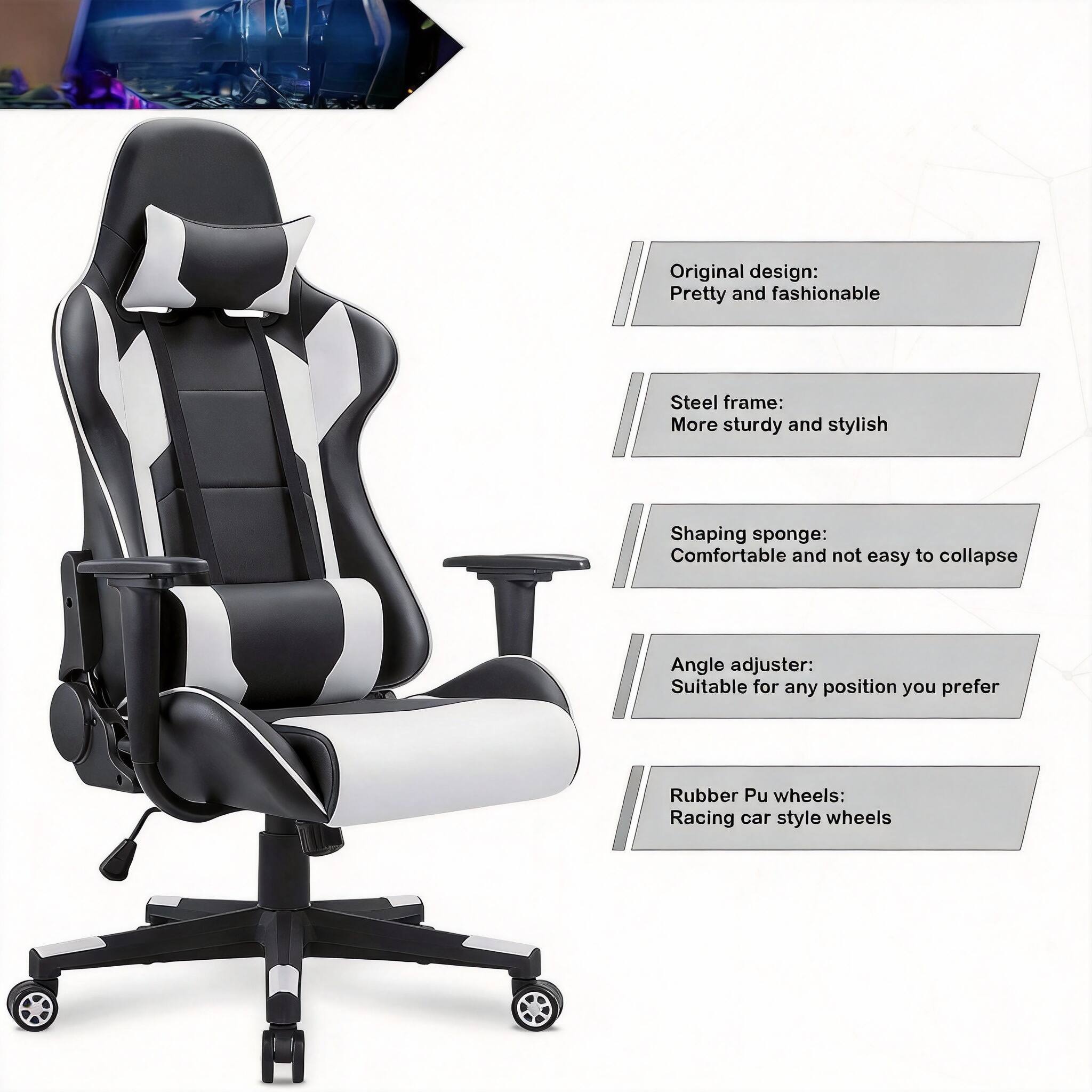 Original design: Pretty and fashionable  
Steel frame: More sturdy and stylish  
Shaping sponge: Comfortable and not easy to collapse  
Angle adjuster: Suitable for any position you prefer  
Rubber Pu wheels: Racing car style wheels