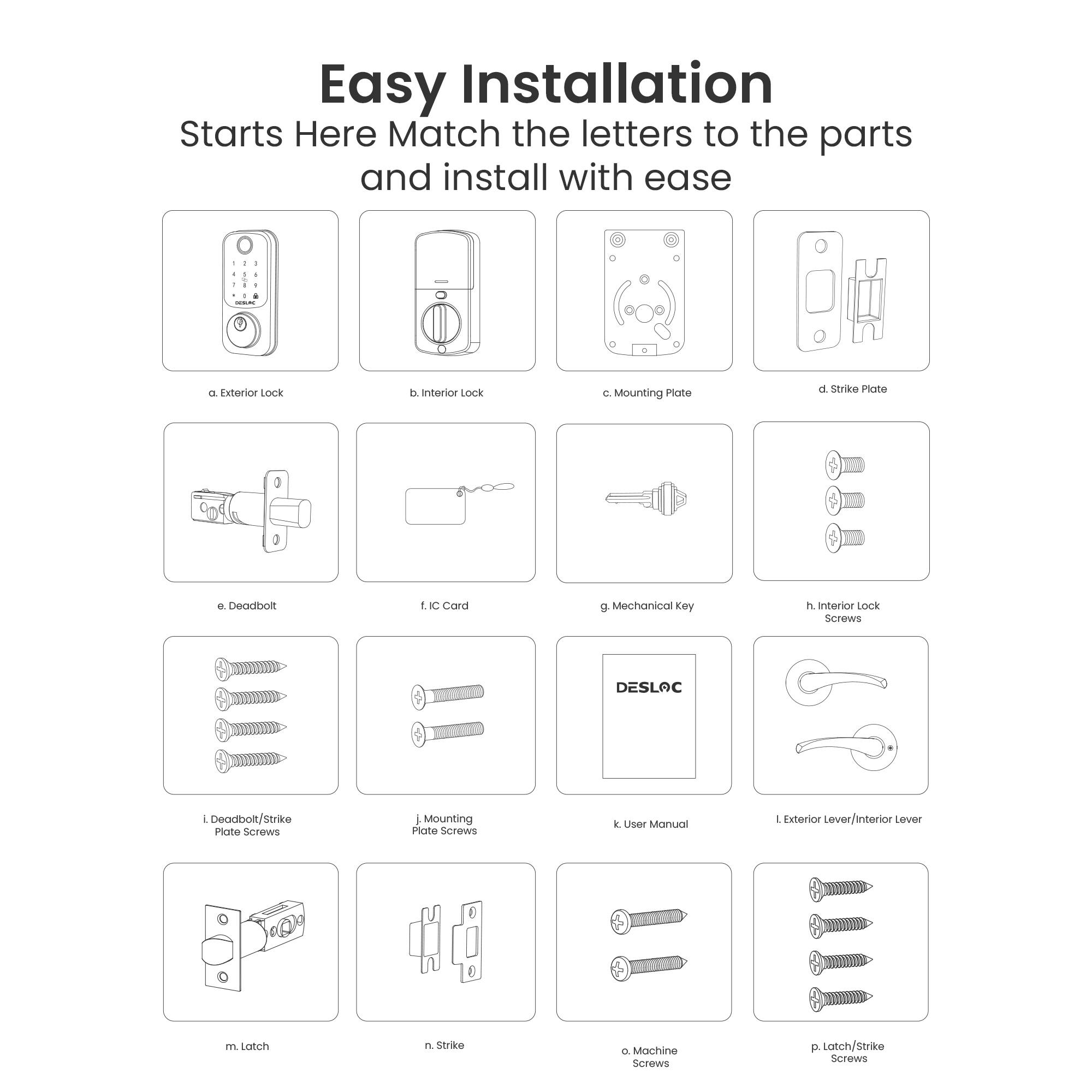 Easy Installation  
Starts Here  
Match the letters to the parts and install with ease

- a. Exterior Lock
- b. Interior Lock
- c. Mounting Plate
- d. Strike Plate
- e. Deadbolt
- f. IC Card
- g. Mechanical Key
- h. Interior Lock Screws
- i. Deadbolt/Strike Plate Screws
- j. Mounting Plate Screws
- k. User Manual
- l. Exterior Lever/Interior Lever
- m. Latch
- n. Strike
- o. Machine Screws
- p. Latch/Strike Screws

DESLAC