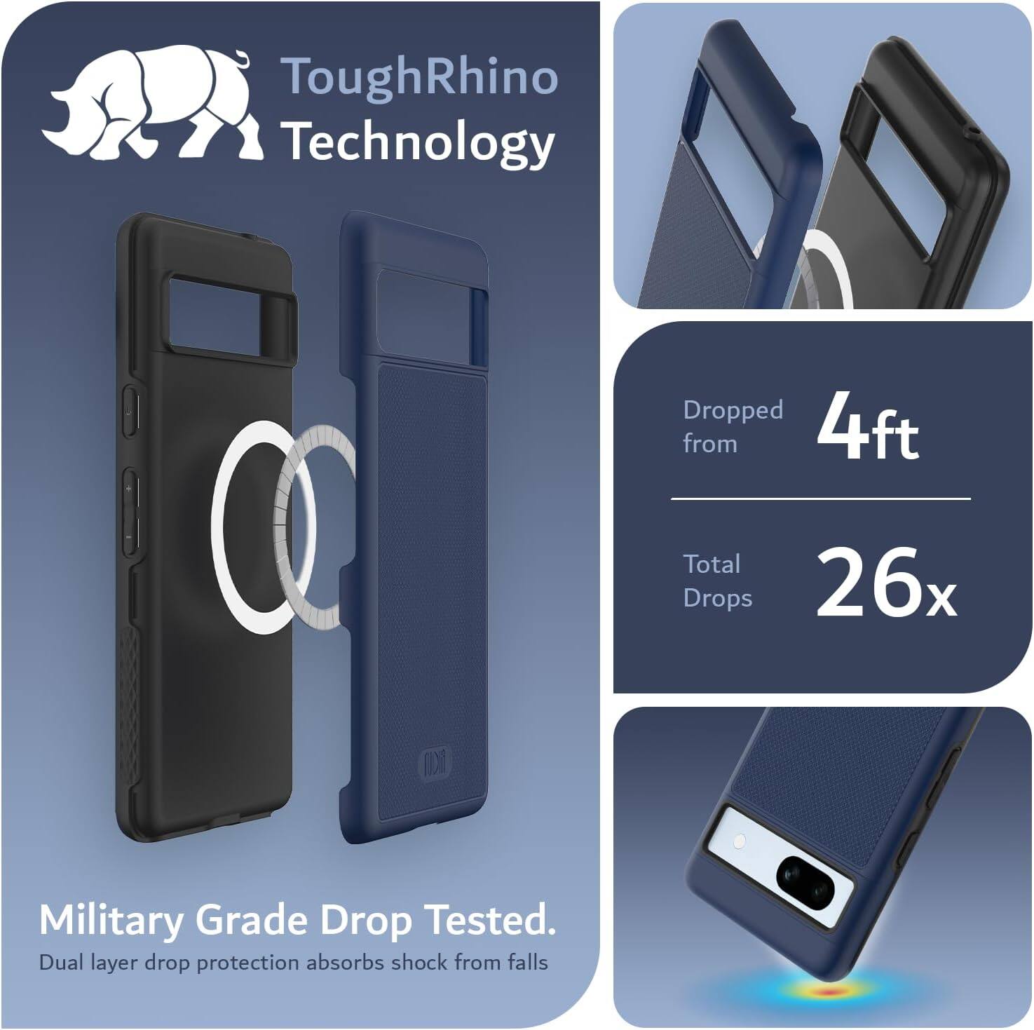 ToughRhino Technology

Dropped from 4ft  
Total Drops 26x

Military Grade Drop Tested.  
Dual layer drop protection absorbs shock from falls